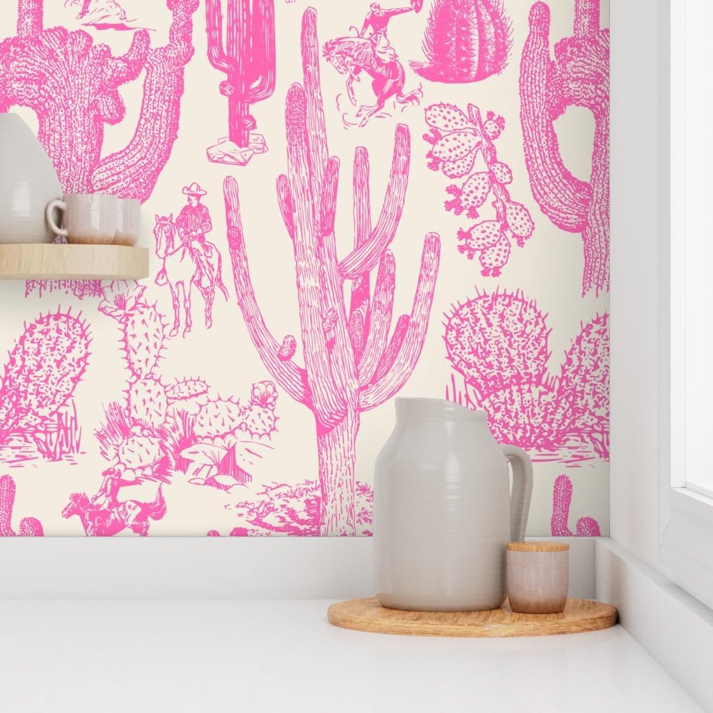 Spoonflower Peel & Stick Wallpaper 6ft x 2ft - Pink Cactus Toile Western Kitsch Cowboy Saguaro Desert Cowgirl Southwestern Rodeo Arizona Cacti Custom Removable Wallpaper