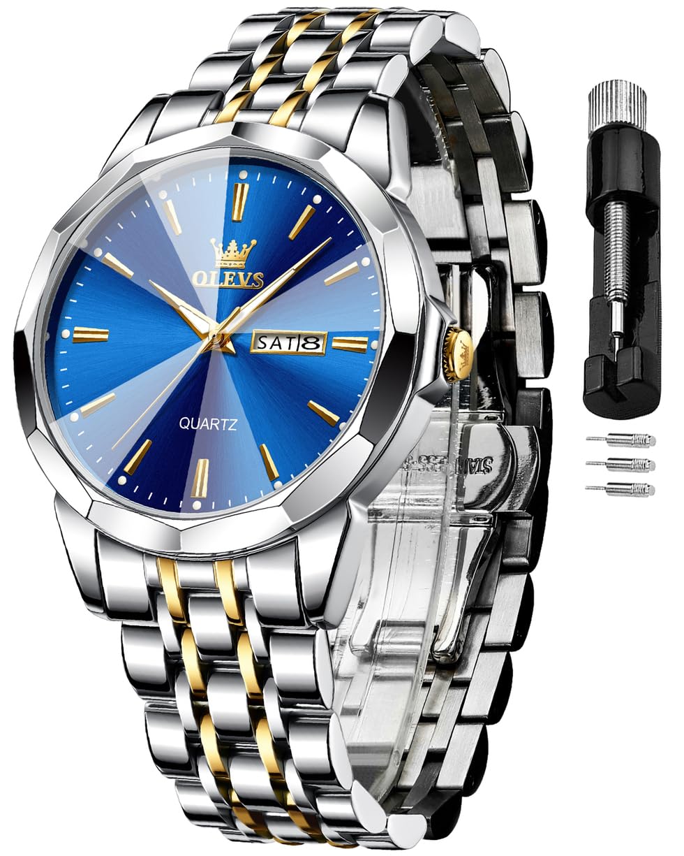 OLEVS Watch for Men Analog Quartz Dress Diamond Business Watches Two Tone Stainless Steel Waterproof Luminous Date Luxury Wrist Watch Gold White