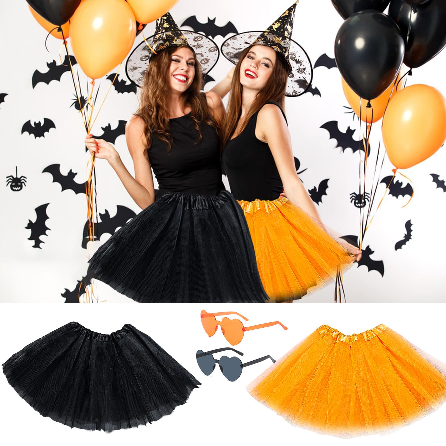 XNHIU 4pcs Halloween Kids Tutu Skirts and Glasses Black Orange Love Glasses Love Heart Shaped Party Sunglasses Halloween Party Favors for Kids - Image 4