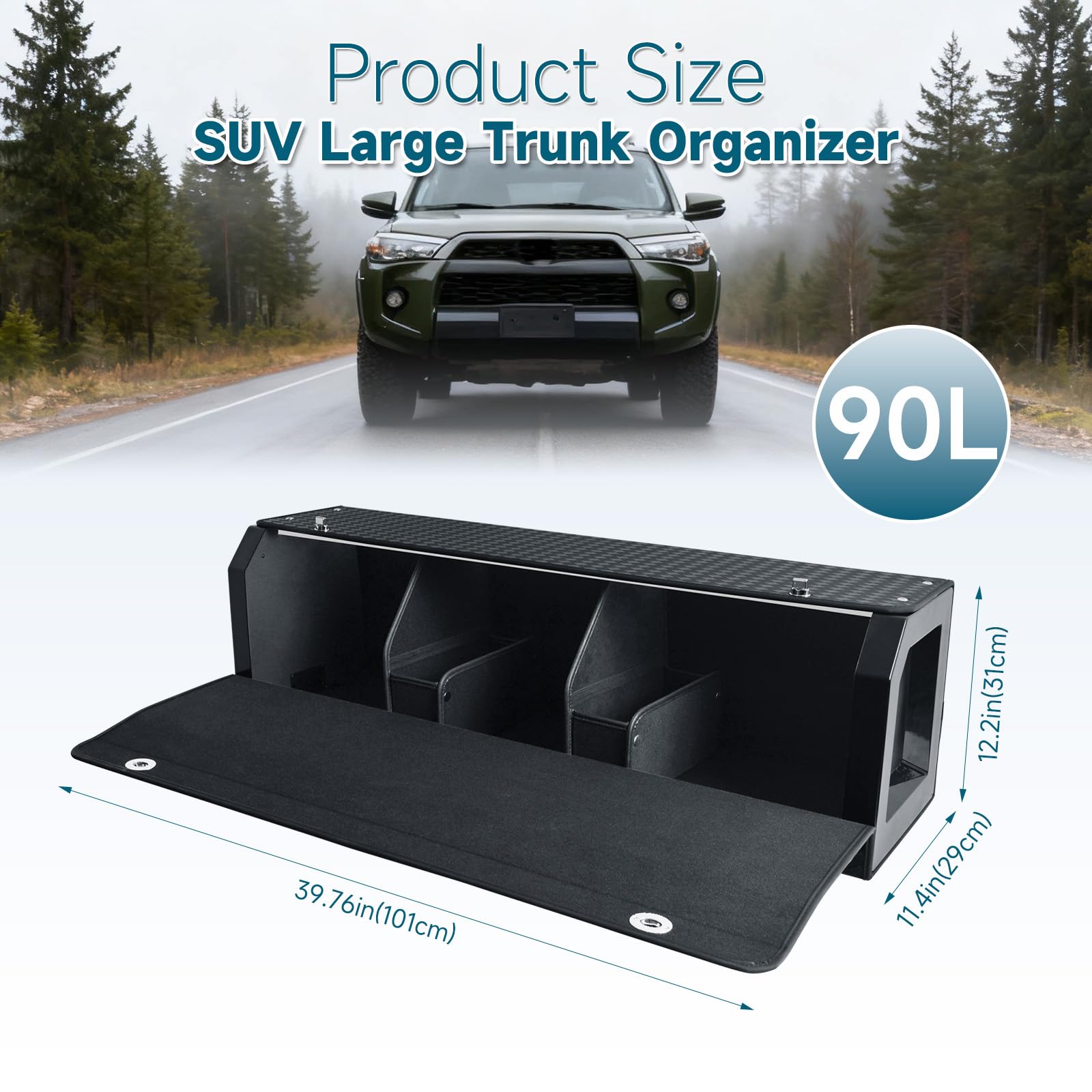 Großer XL Auto Kofferraum Organizer mit Deckel Tragbarer Push-Pull-Griff | Staufach geeignet für SUVs und verschiedene Fahrzeuge (101 x 29 x 31 cm)