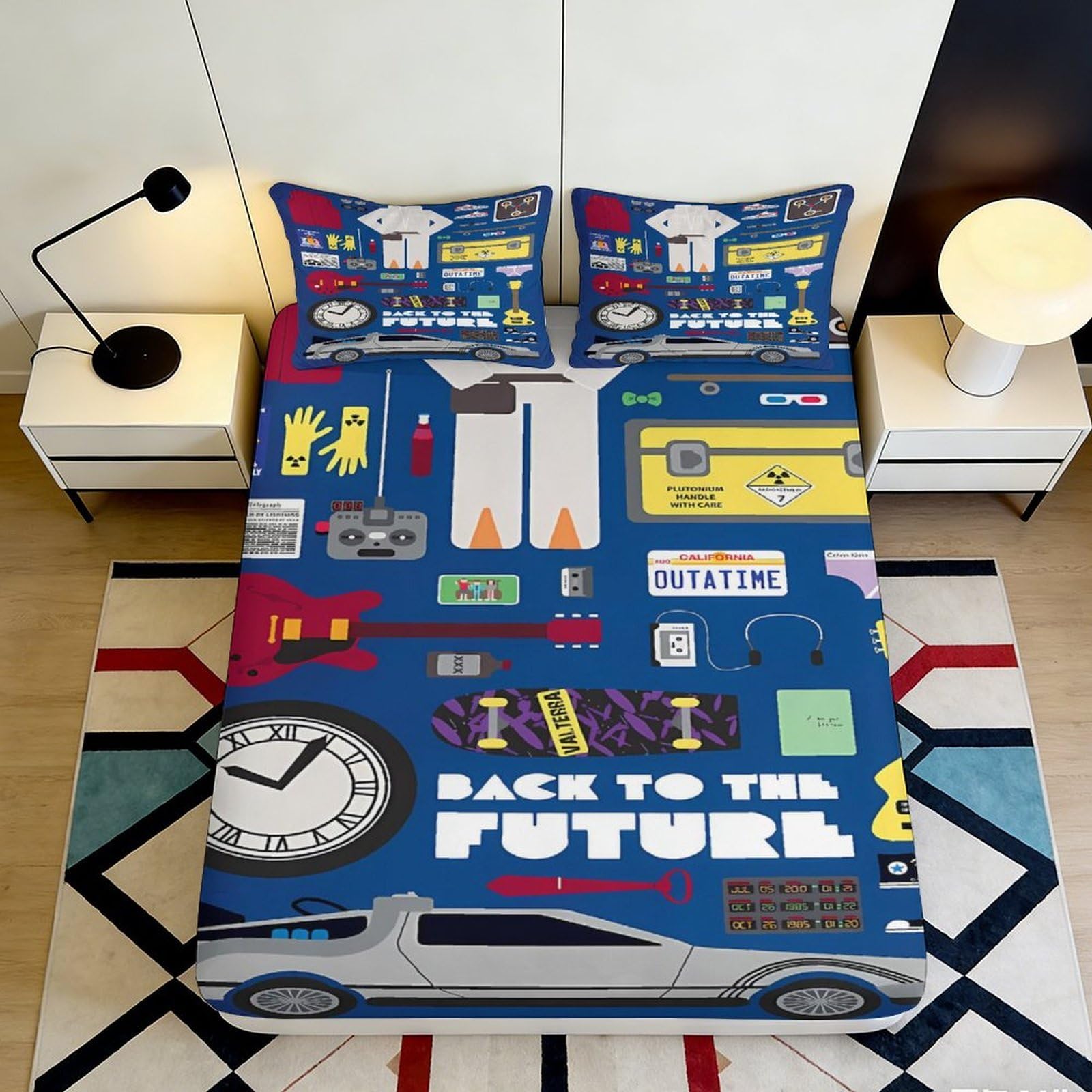 3D Printed Retro Tech Design Fitted Sheet Microfiber Deep Pocket Non-Slip Bedding Futuristic Style Mattress Fitted Cover Machine Washable 200x200x25cm
