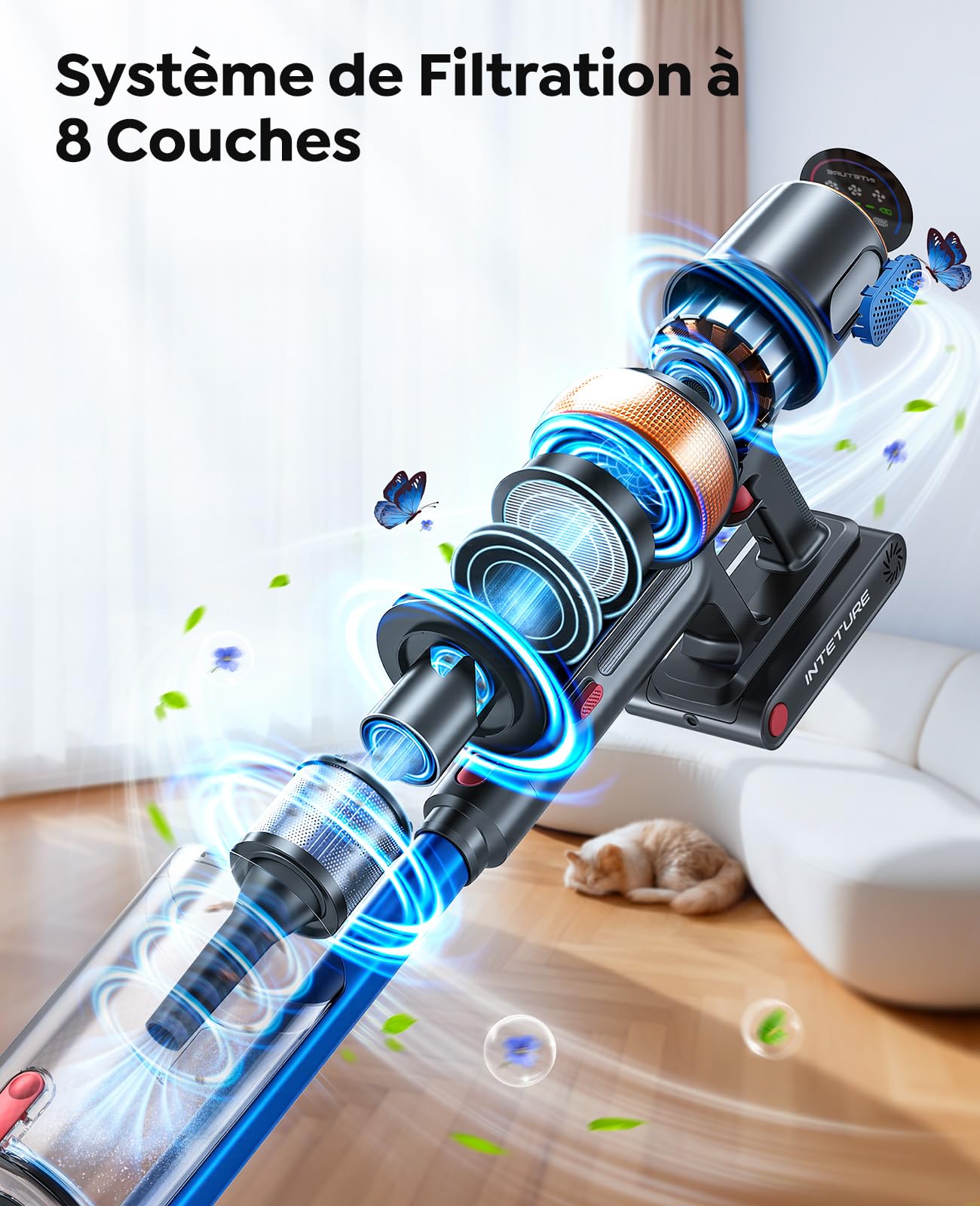 Aspirateur sans fil, 600 W 50 kPa, aspirateur balai avec écran tactile, jusqu'à 65 minutes d'autonomie, aspirateur puissant sans fil avec support mural rechargeable, aspirateur léger pour parquet