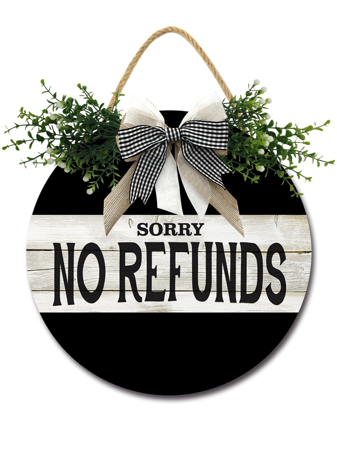 Sorry No Refunds Sign Farmhouse Wood Sign Front Porch Decor Rustic Wooden Sign Wall Decor Hanging Wooden Decorations with Bow-Knot for Home Porch Wall Door, 12 x 12 inch