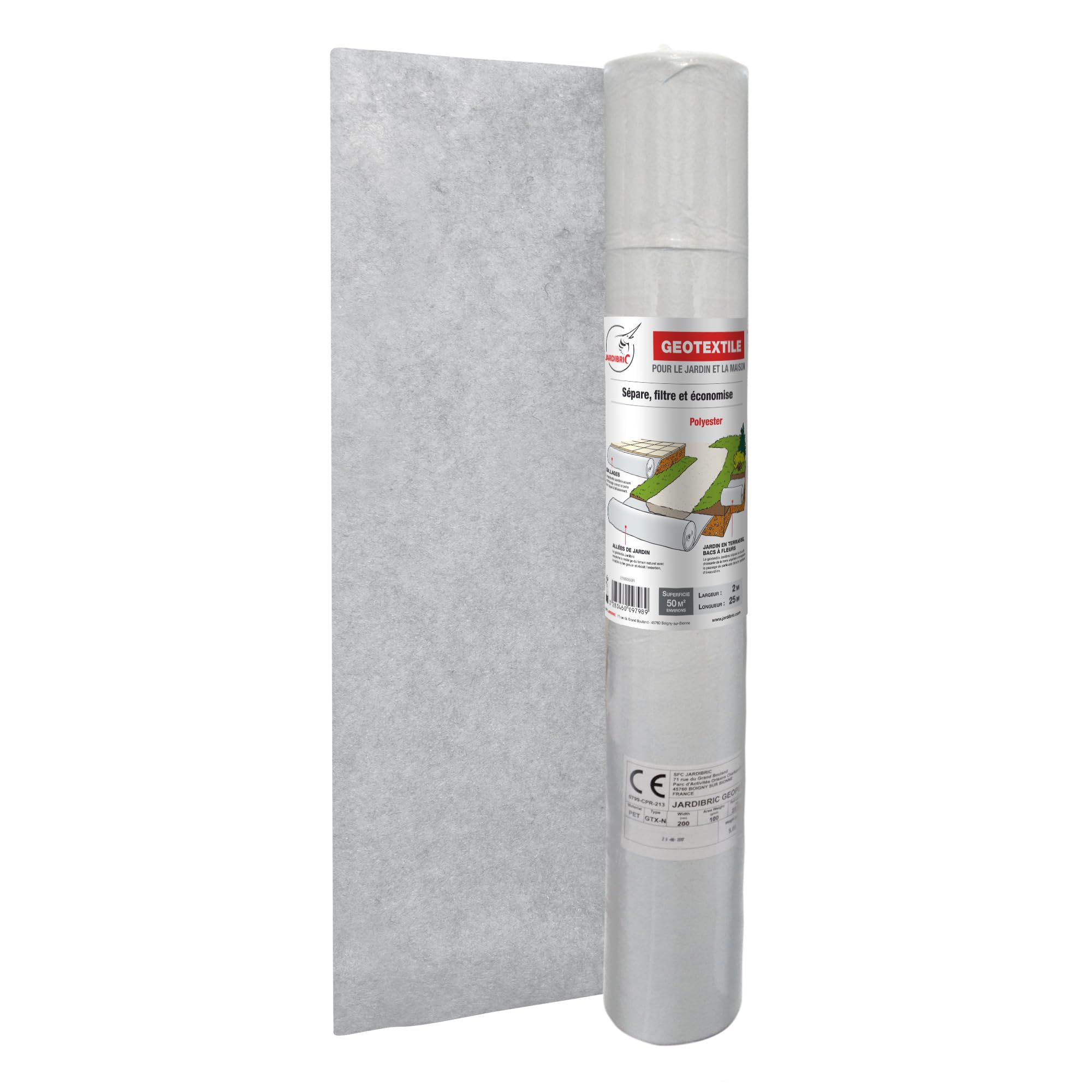 Jardibric - Rouleau Géotextile en Maille Anti-Mauvaises Herbes en Polyester 100 GR/m² - Préserve le Terrain Naturel (2 x 25 m)
