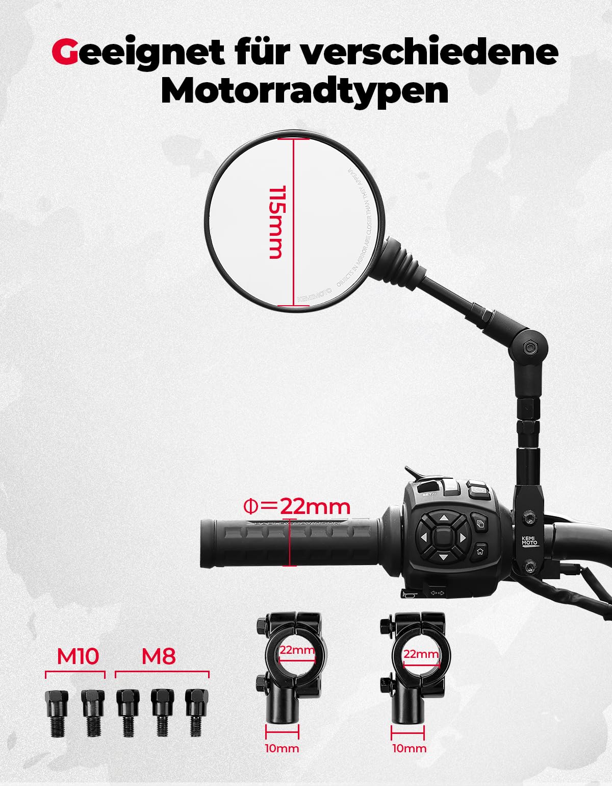 KEMIMOTO Lusterko motocyklowe wsteczne, zatwierdzone uniwersalne lusterka motocyklowe, składane lusterka na kierownicę M10 do Street Bike Sport Bike Scooter Cruiser