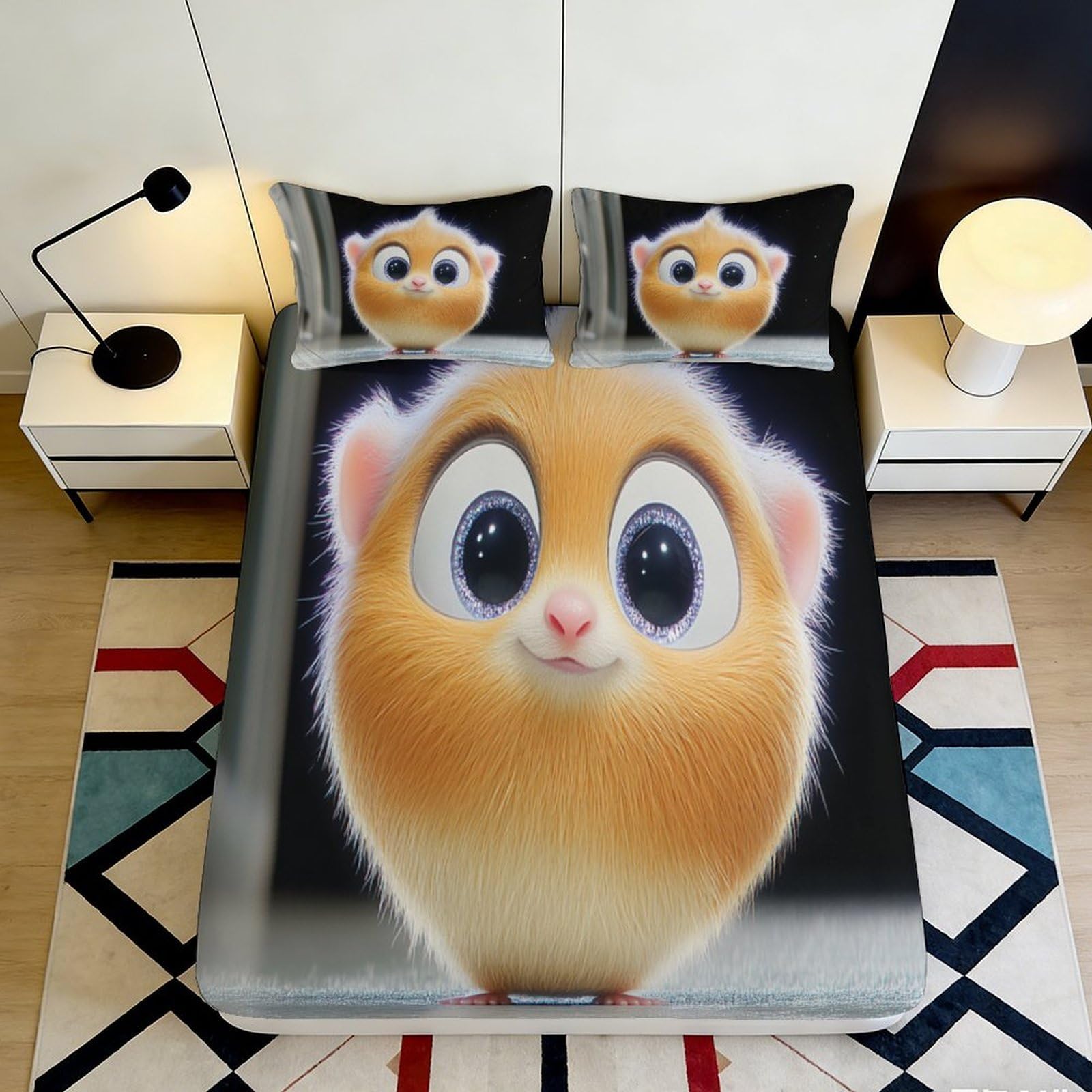 3D Printed Cute Hamster Fitted Sheet Microfiber Elastic Hem Bedding Set Hamster Mattress Fitted Cover Deep Pocket Washable 140x200x25cm