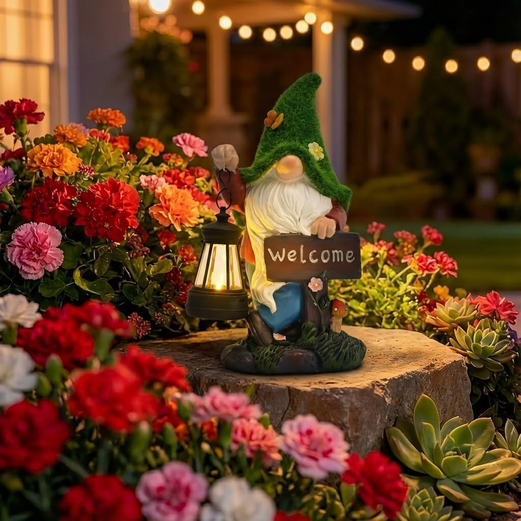 TERESA'S COLLECTIONS Garden Decor Outdoor, Garden Gnomes Holding Lantern, Gnomes Decor, Waterpoof Resin with Solar Lights, Garden Decor, Garden Gifts for Mom,Indoor/Outdoor,8.3"