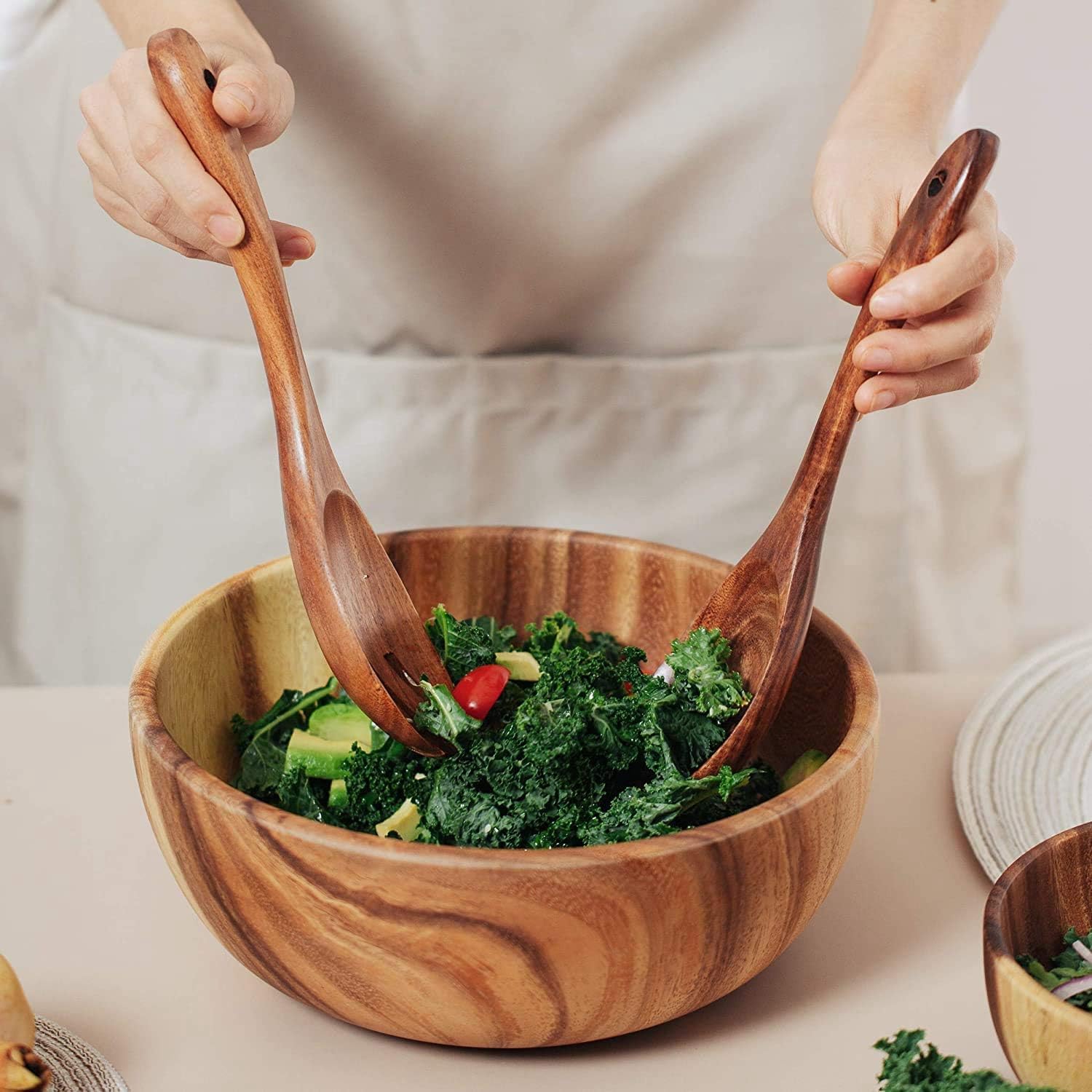 Saladier en Bois de 24 cm avec cuillère, Peut être utilisé pour Les Fruits, la Salade