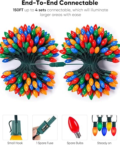 Miniatura 9 de Luces LED vintage C9 de Navidad para exteriores, cadena de luces C9 de 150 pies con 150 bombillas inastillables, impermeables, conectables, luces