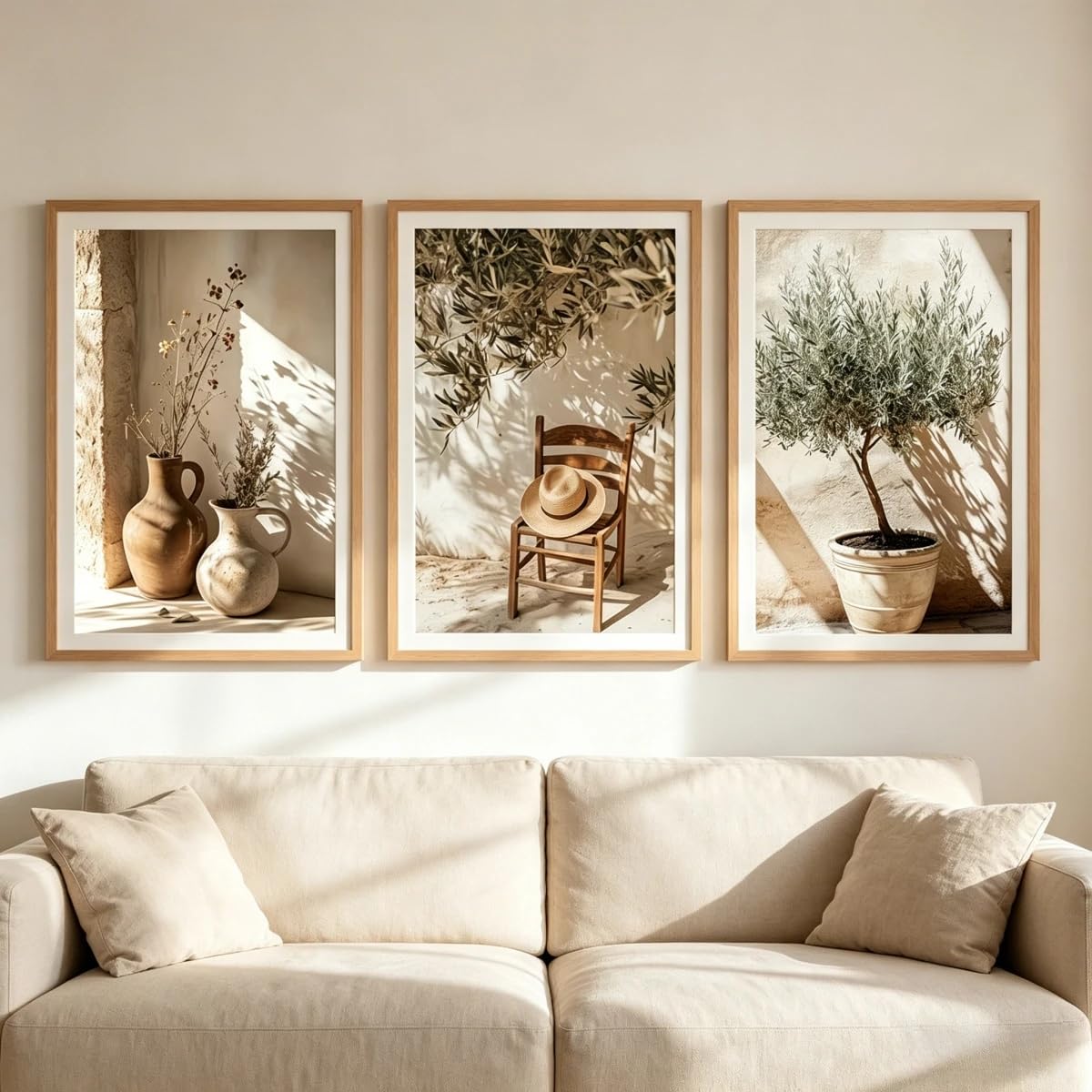 Ltjiajuypd Frameless Canvas Prints Landscape Poster Straw Hat Chair Olive Tree Terracotta Vase Art Print(60X90cm-3Pcs)