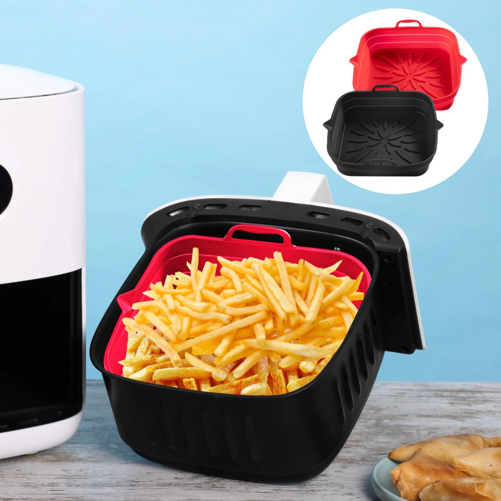 Fodere per friggitrice ad aria in silicone, confezione da 2 vassoi quadrati antiaderenti, resistenti al calore, in silicone alimentare per friggitrici e forni