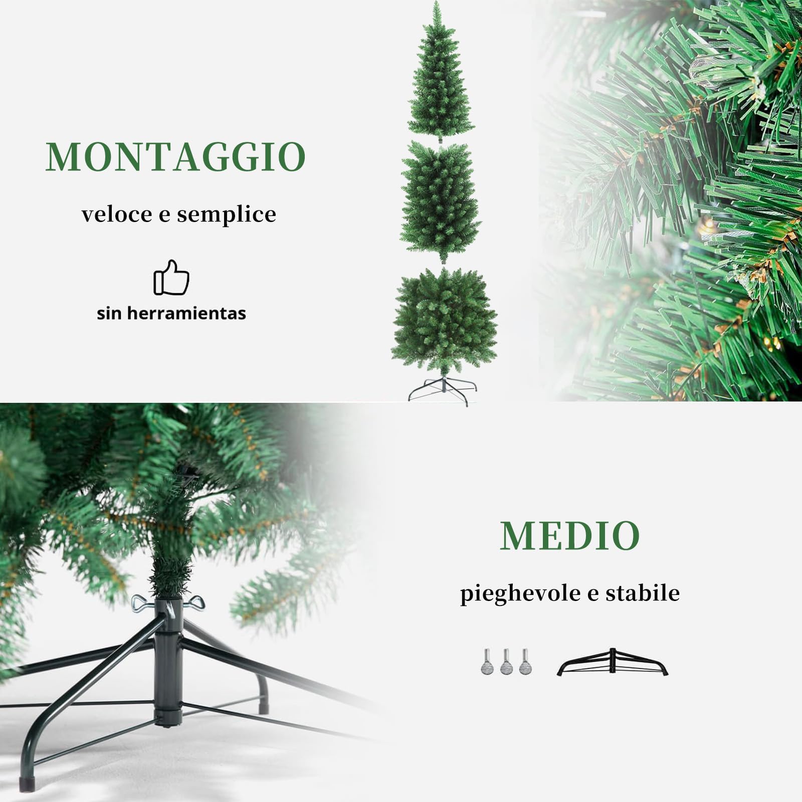 LEIVESTE- Albero di Natale Artificiale Slim Folto 180 Verde con 780 Rami Realistici,Albero di Natale Alto e Stretto con Base in Metallo,Verde