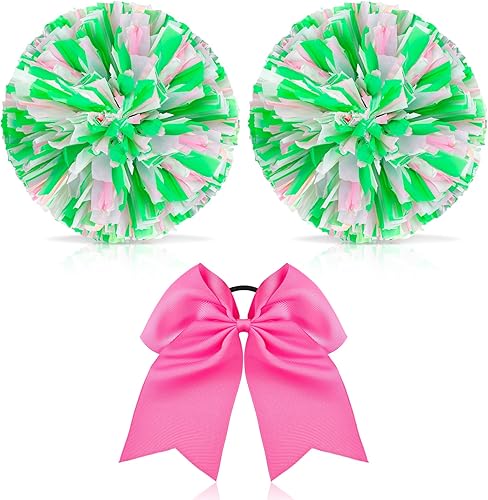 Miniatura 119 de Hanaive 3 pompones de animadora y lazo grande para animadora para el pelo, suministros metálicos para animadora de espíritu de equipo, deportes