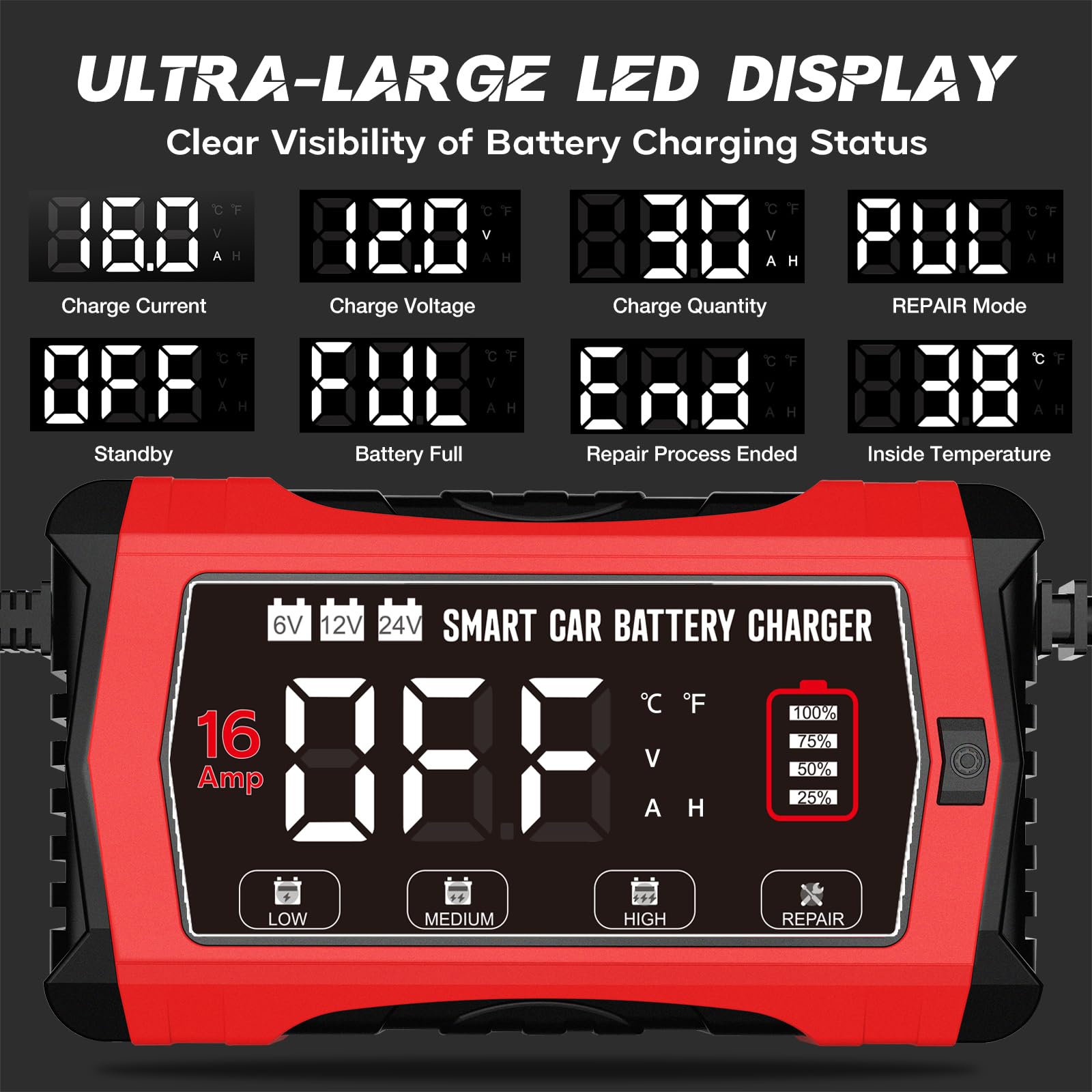 LiFePO4 - Caricabatteria da auto da 16 A, 6 V/12 V/24 V, con display LCD, compensazione della temperatura, modalità di riparazione per batterie auto, auto, barche