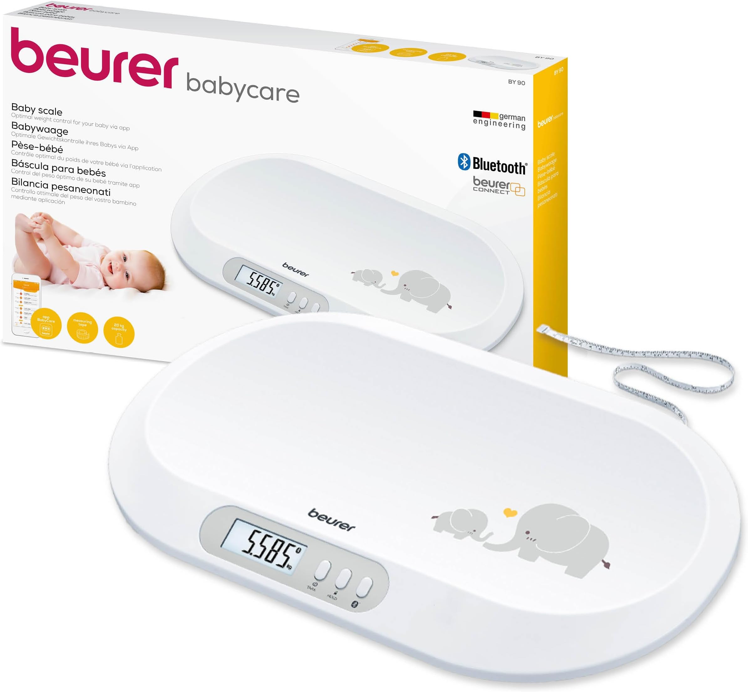 Beurer BY90 Baby Scale with App | Bluetooth connection to BabyCare app to track baby's development | Comfortable weighing surface | Integrated measuring tape | Hold function for wriggling babies