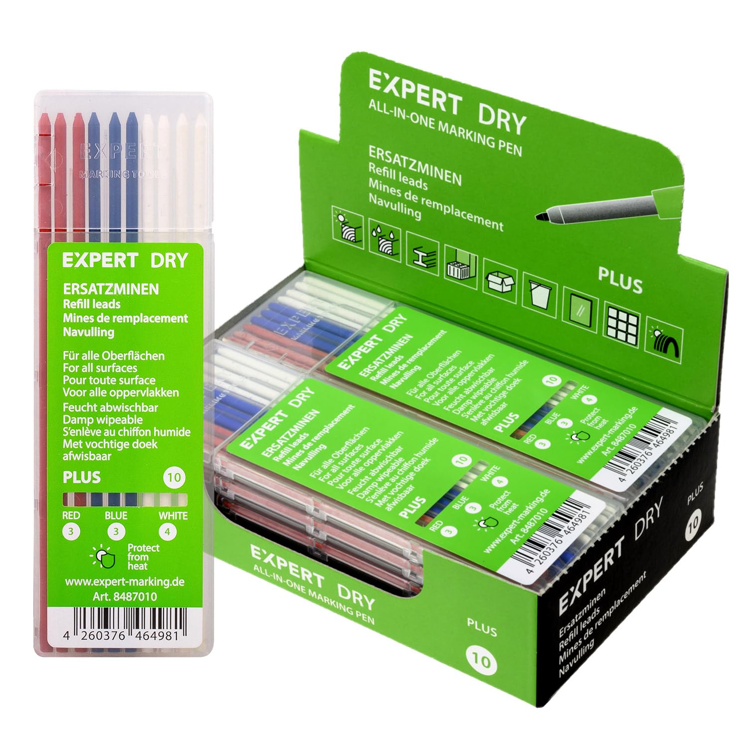EXPERT Juego de minas Dry Plus Pro Pack | Versátil para vidrio, madera, metal y más | Se puede quitar la humedad | colores: rojo, azul, blanco | 10 x 10 minas especiales | ideal para manualidades y