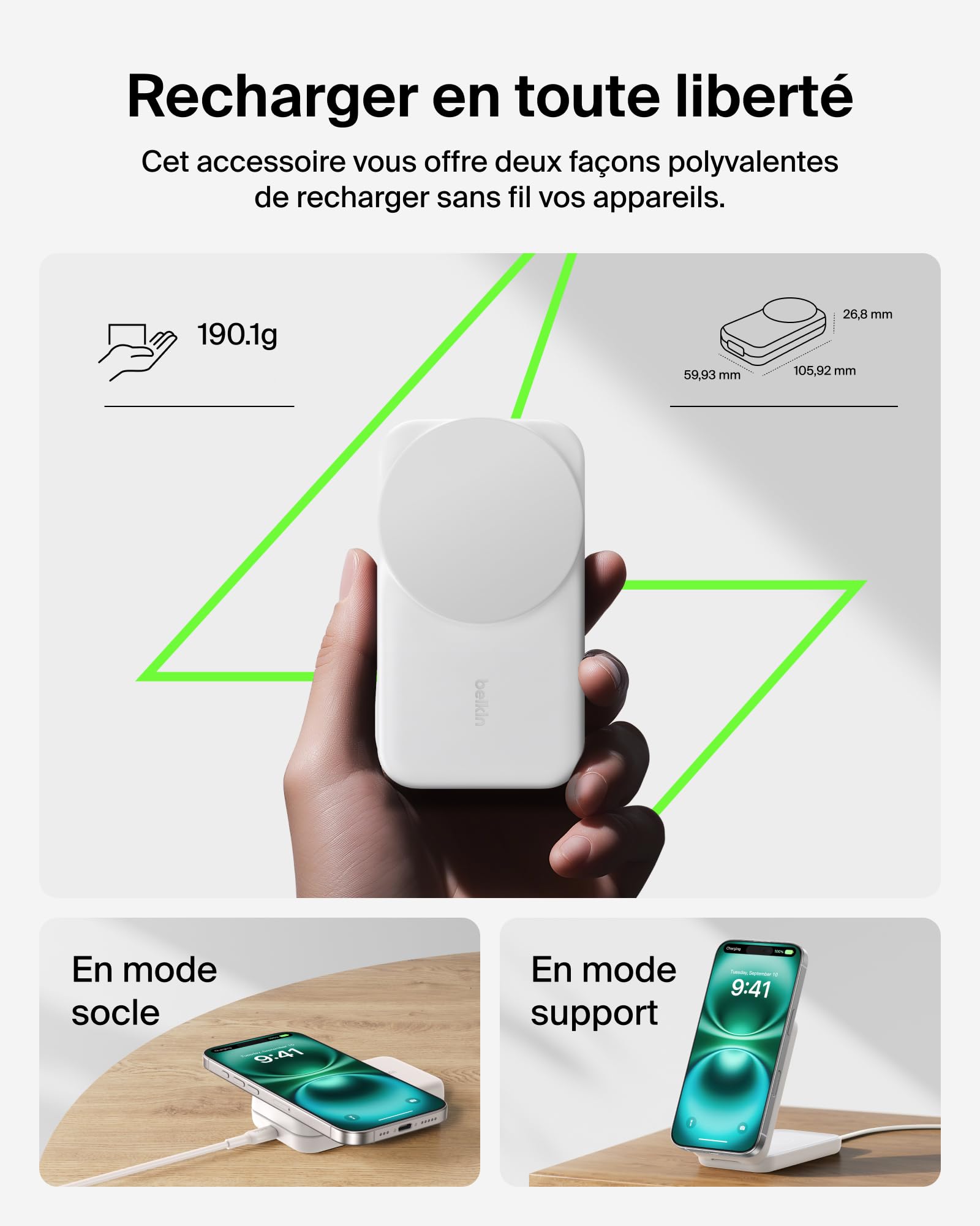 Belkin UltraCharge Chargeur Induction 3 en 1 Qi2, Station de Charge Magnétique 25W, Chargeur sans Fil avec MagSafe pour iPhone 17, iPhone Air, Apple Watch, AirPods, Pixelsnap avec Chargeur 45W, Blanc