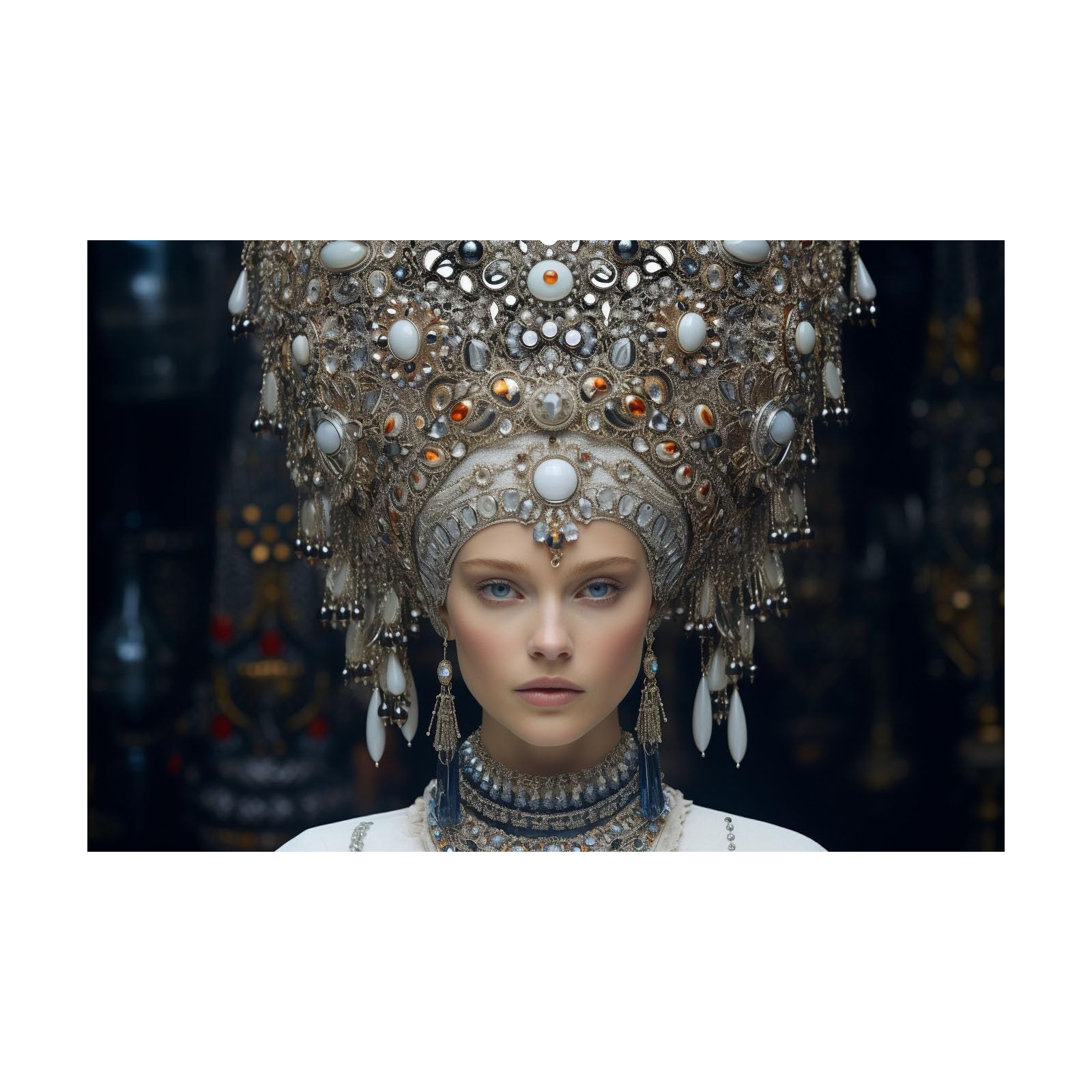 TERUEA Wall Art Print On Canvas Picture For Home Office Decor Woman With Elaborate Jeweled Headdress Portrait - Floral Woman Face - Living & Home Decor with Easy Hang Guide(White)-60x90cm Unframed