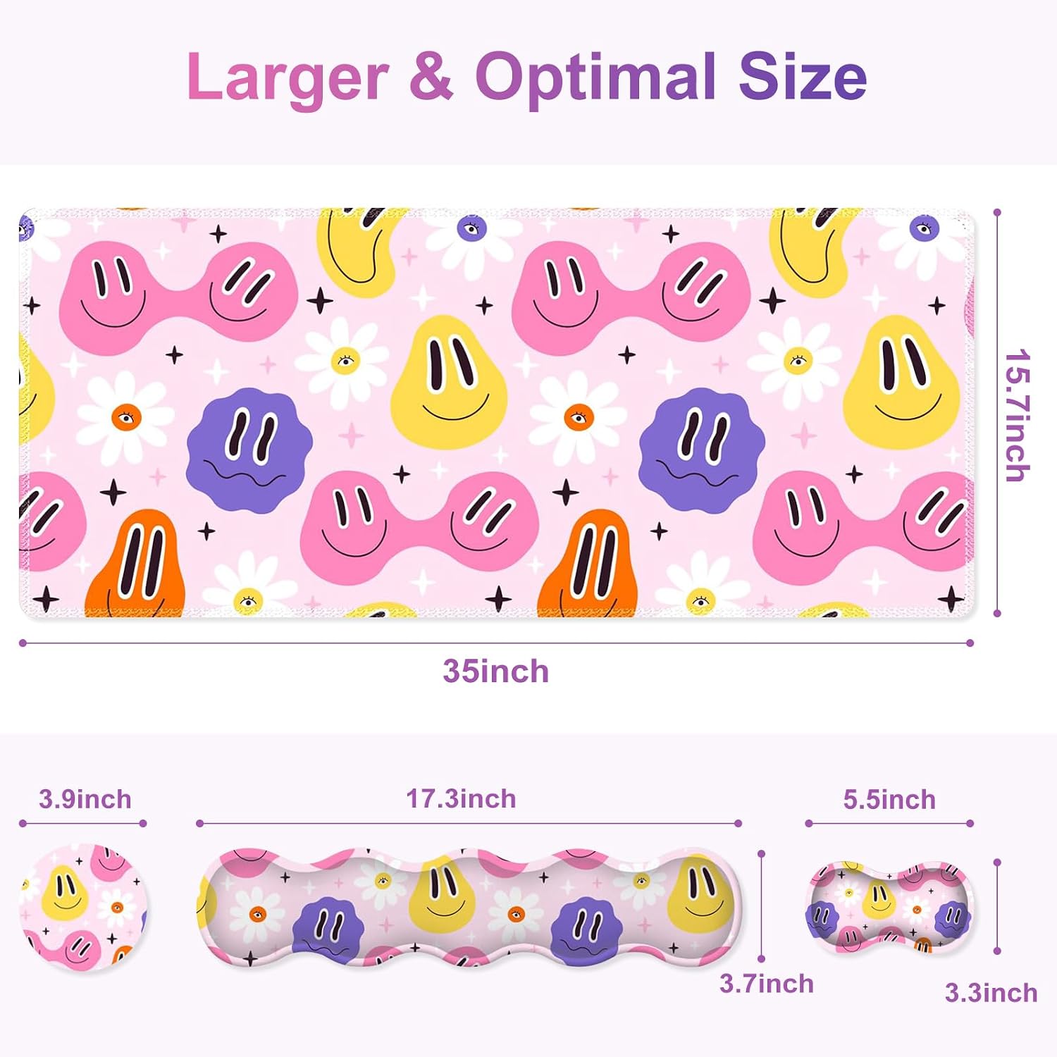 Gaming Mouse Pad Keyboard Wrist Support, 4 in1 Mousepad with Wrist Keyboard Rest, Computer Desk Mat, Non-Slip Desk Pad Protector with Memory Foam Easy Typing Pain Relief I Cute Hippie Smiley image 3
