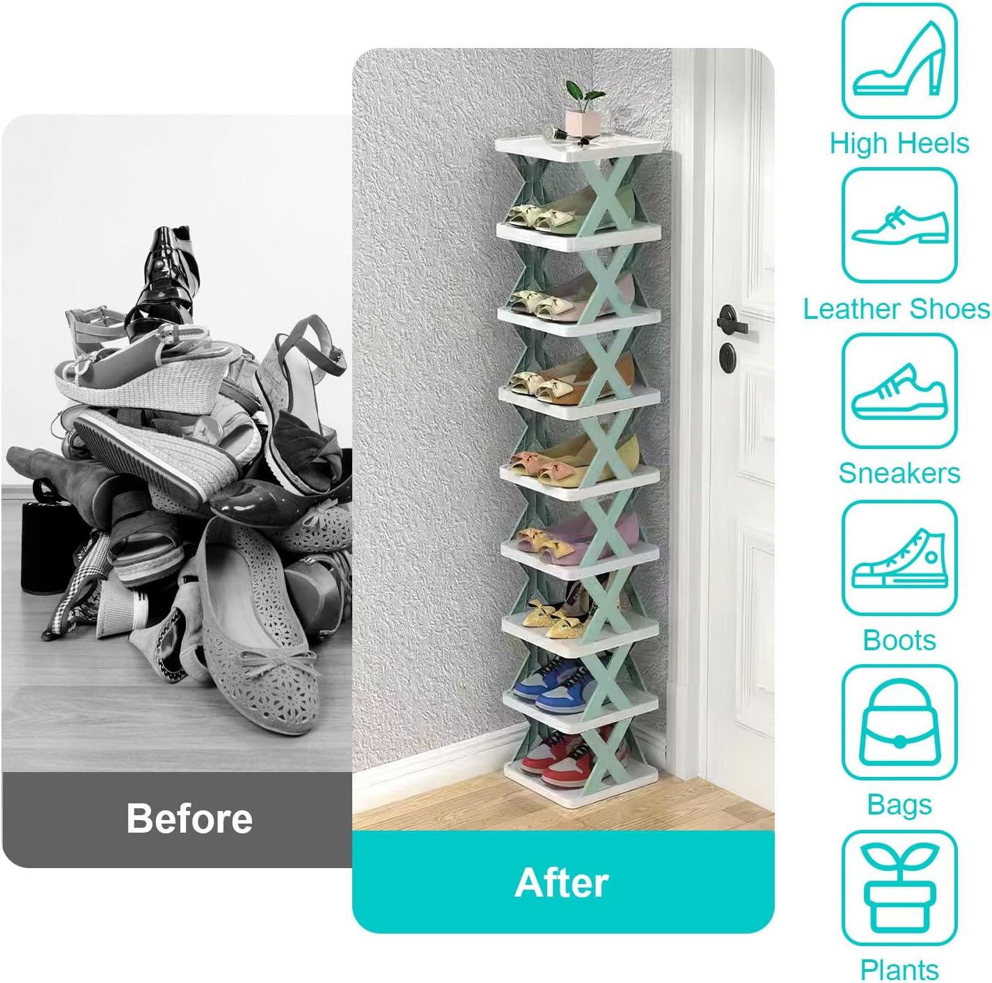 iMounTEK Free Standing Shoe Rack 9Tier Narrow Entryway Shoe Rack Plastic Vertical Shoe Organizer Space Saving Adjustable Shoes Storage Shelf Closet for Bedroom Entrance for Hallway/Orange