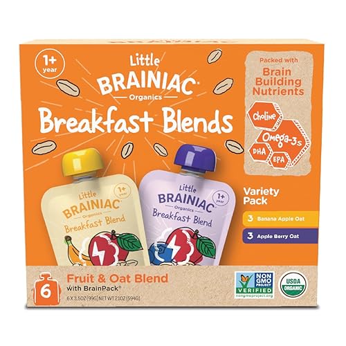 Miniatura 7 de Little Brainiac Paquete variado Breakfast Blend - Bolsas orgánicas de frutas y avena para niños pequeños, plátano, manzana, avena y manzana y avena