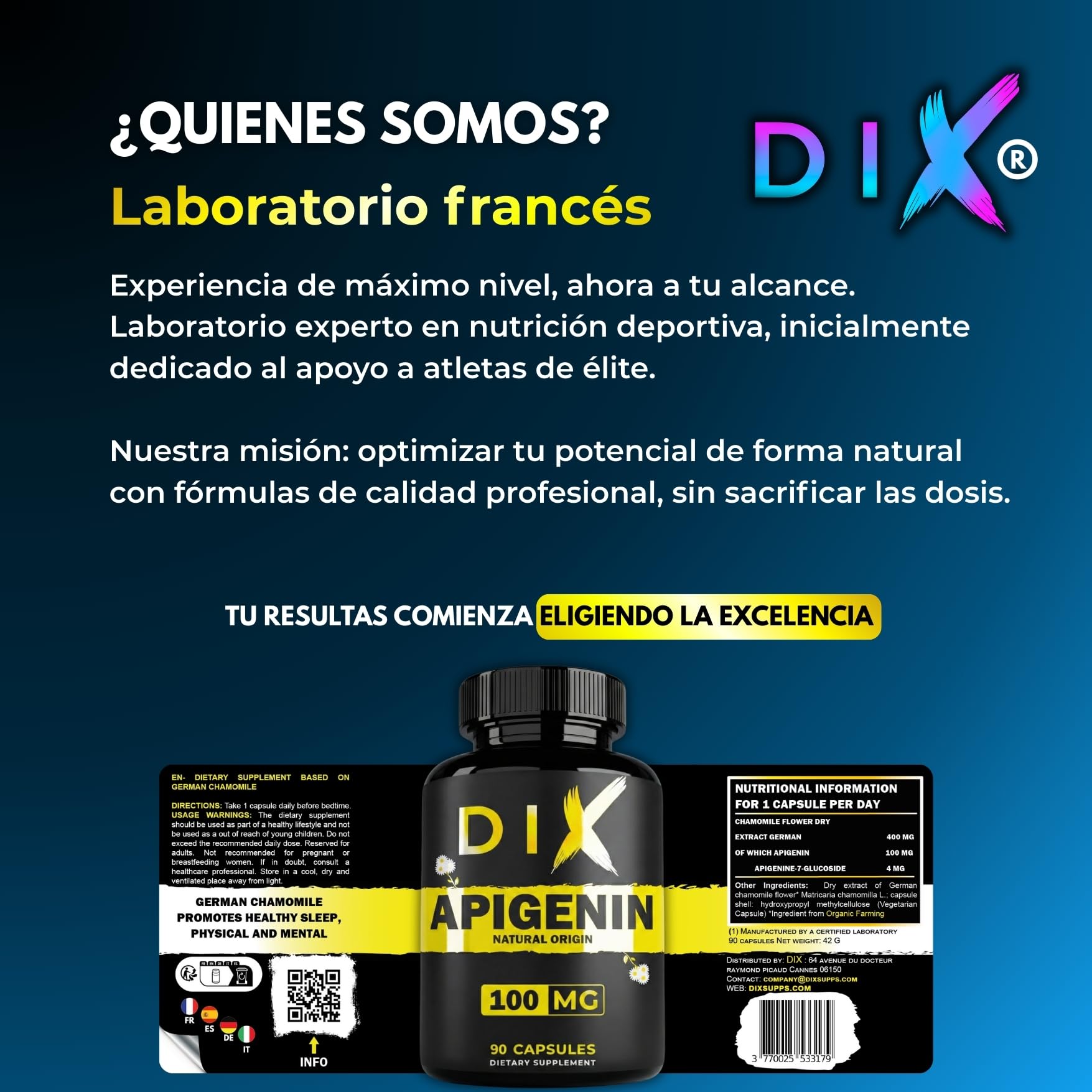 Apigenina Pura ✦ Extracto de Manzanilla ✦ Relajación & Sueño Reparador ✦ Antioxidante & Longevidad ✦ Potencia el NAD+ ✦ 100% Natural & Sin Aditivos ✦ Empresa Francesa ✦