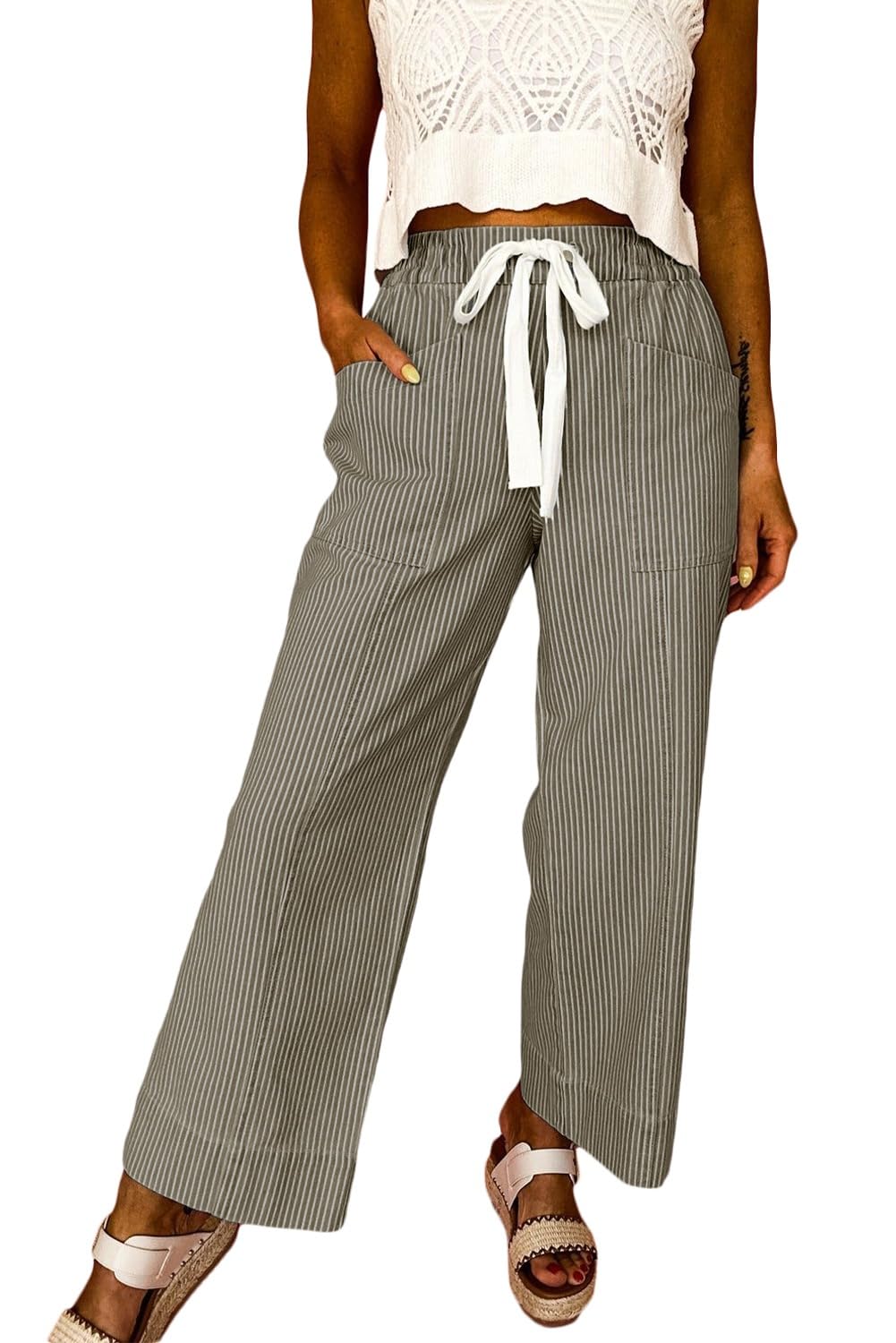 Acelitt Women Elastic Waist High Striped Pants, S-XXL