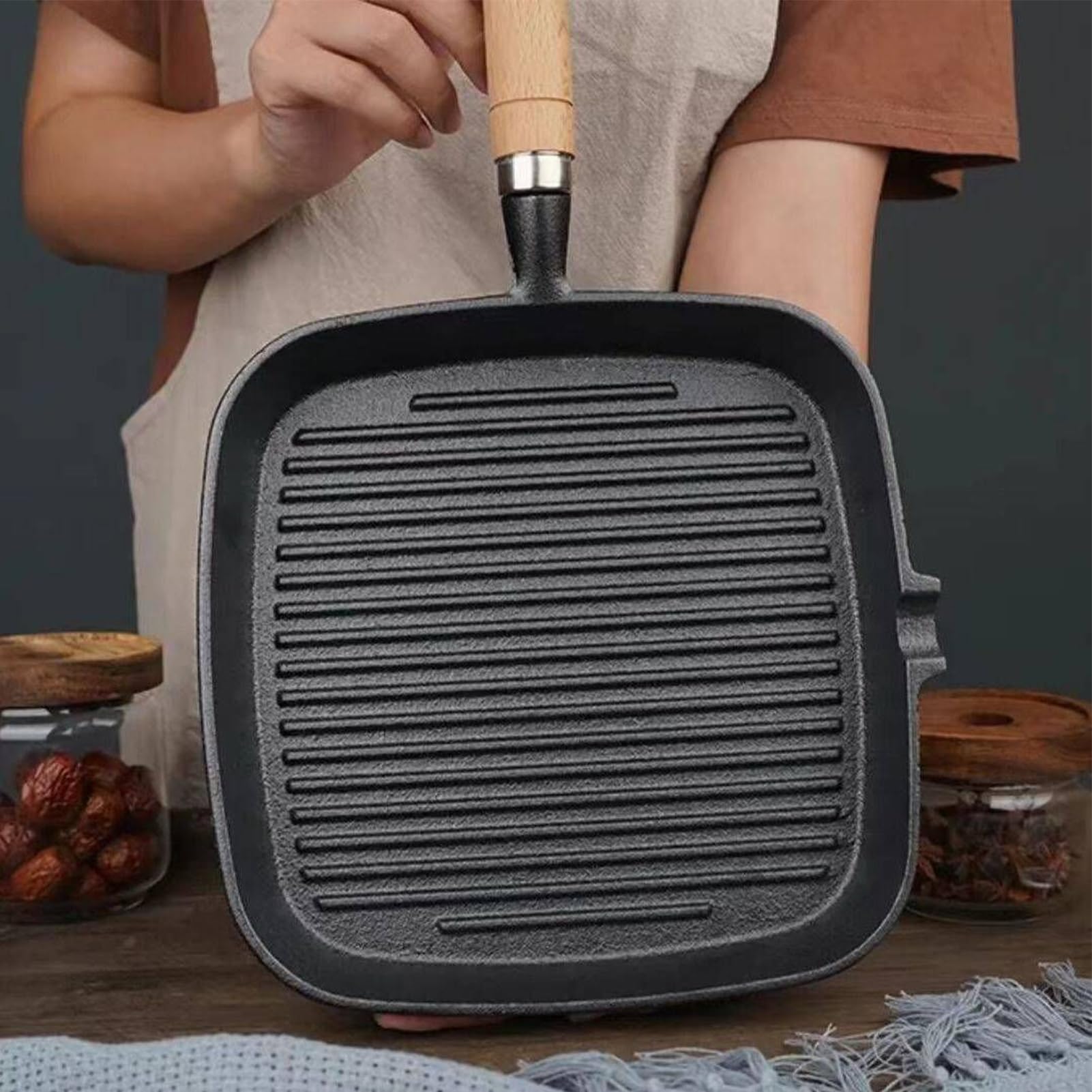 Padella Grill Padella Griglia Antiaderente con Manico in Legno | Utensile da Cucina Ergonomico Termoresistente Portatile per Casa Ristorante