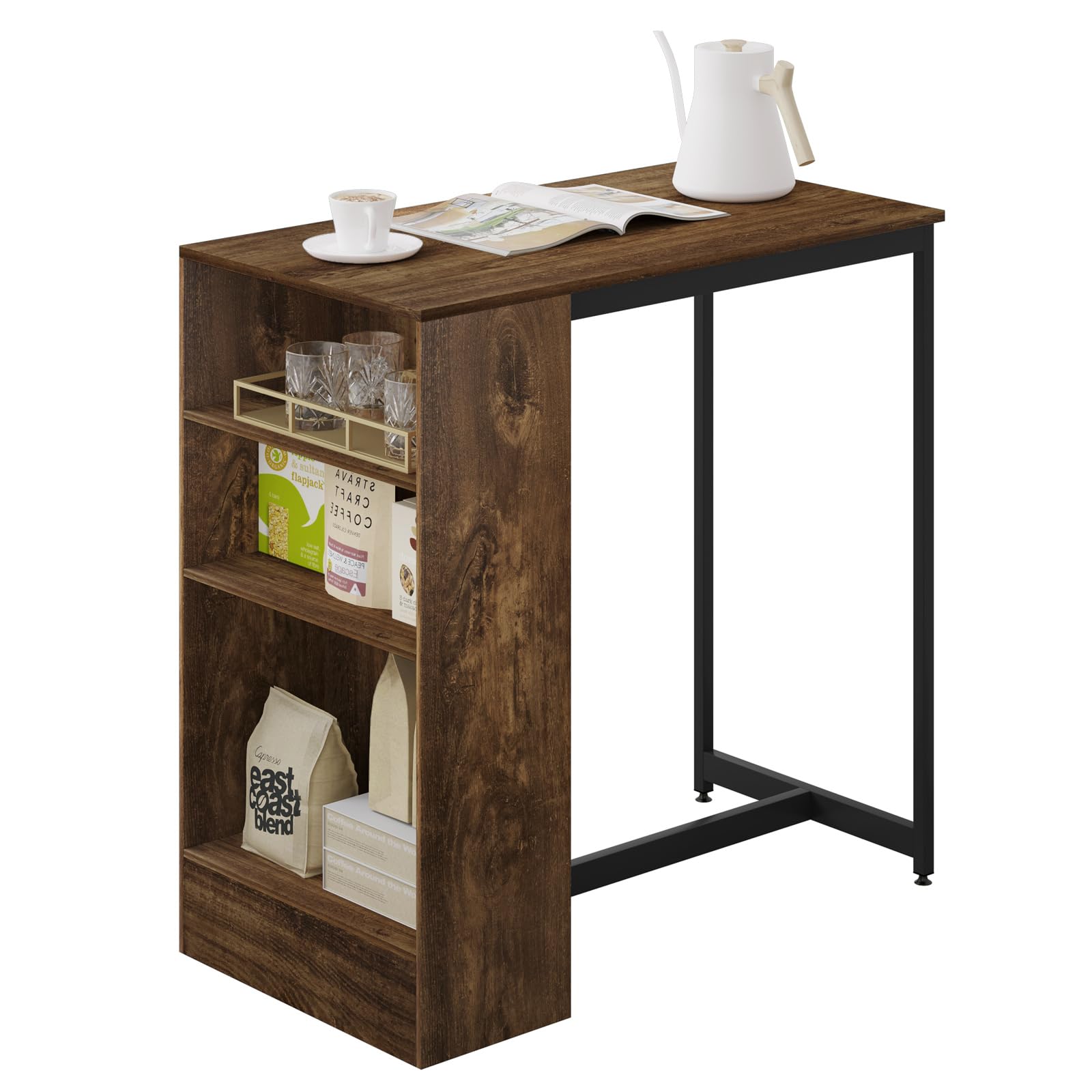 WOLTU Table Bar 90 x 50 x 90 cm, Table Haute Cuisine et 3 Compartiments de Rangement, Mange Debout en Métal & Bois, Rustique+Noir