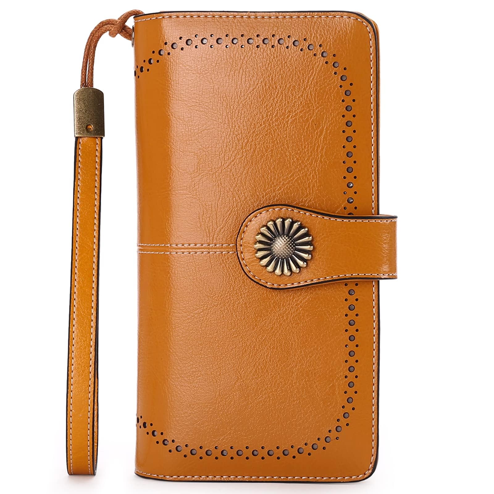 Genuine Leather Wallet for Women Clutch with Strap 24 Card Slots 2 ID Windows Cash Compartments 2 Zipper Pocket Credit Card Holder RFID Blocking Gift (Yellow)