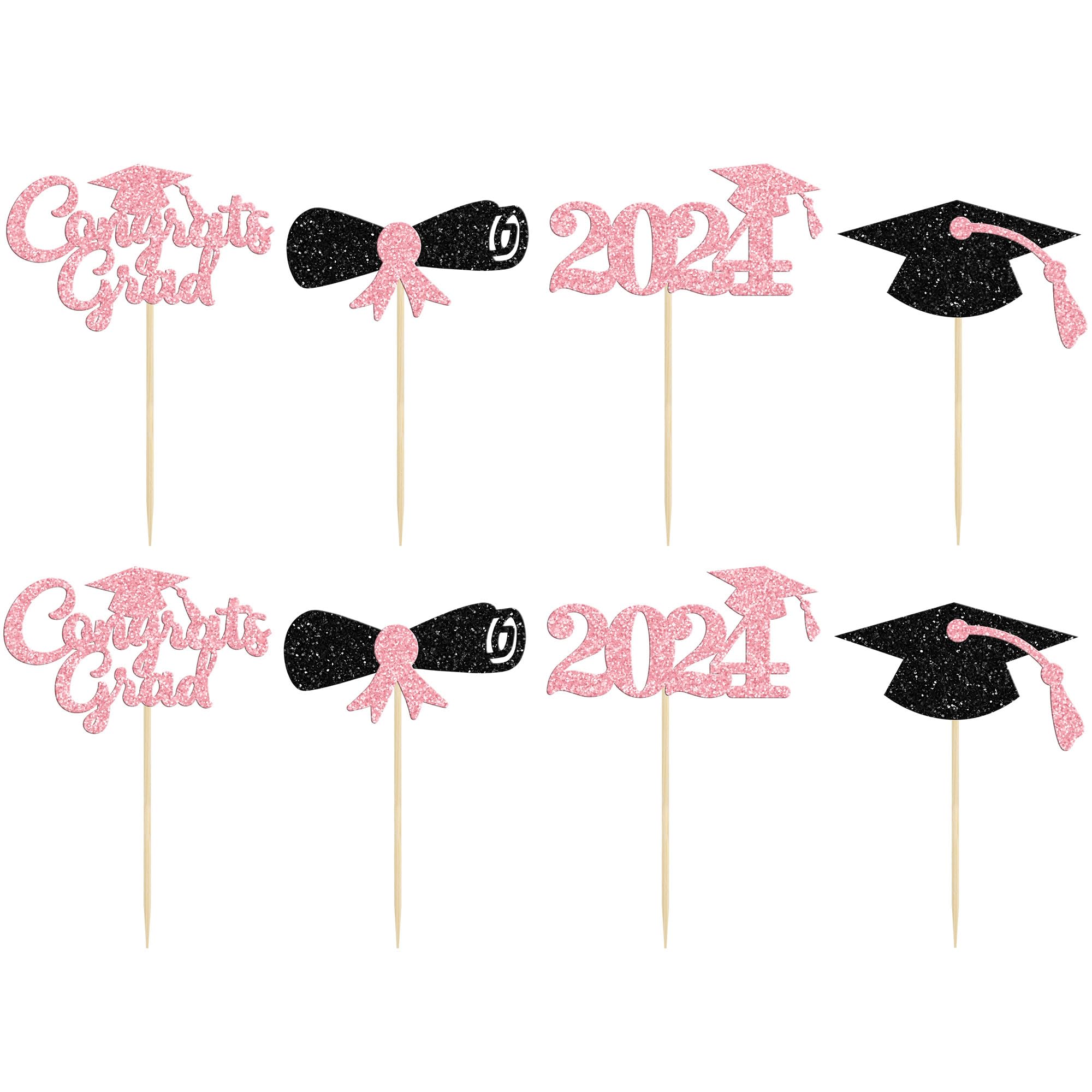 Gyufise 24Pcs 2026 Graduation Theme Cupcake Toppers Glitter Class of 2026 Diploma Graduation Cap Cupcake Picks 2026 Graduation Theme Party Cake Decorations Supplies Pink - Image 3