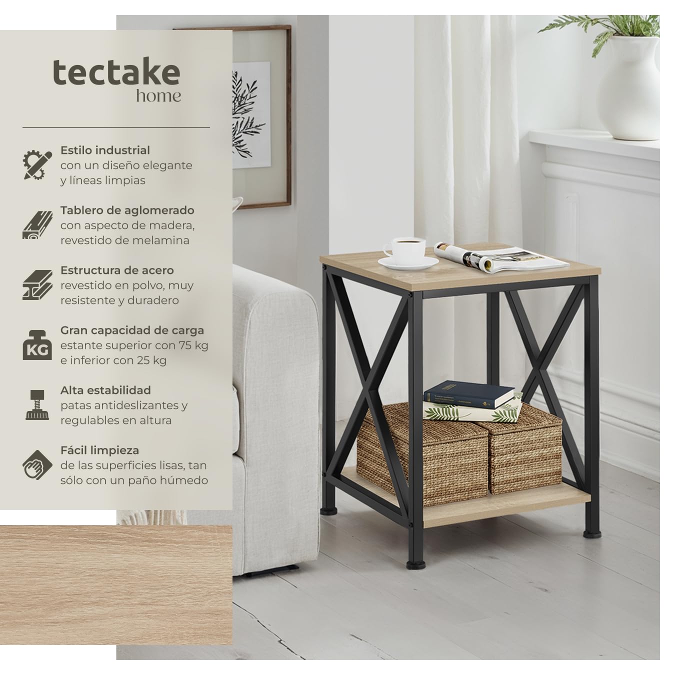 tectake® Mesa Auxiliar Salon Estilo Industrial con 2 Estantes y Pies Ajustables, Mesitas de Noche, Decoracion Hogar, Muebles, Oficina - 40,5 x 40,5 x 52,2 cm Madera Industrial Clara, Roble Sonoma