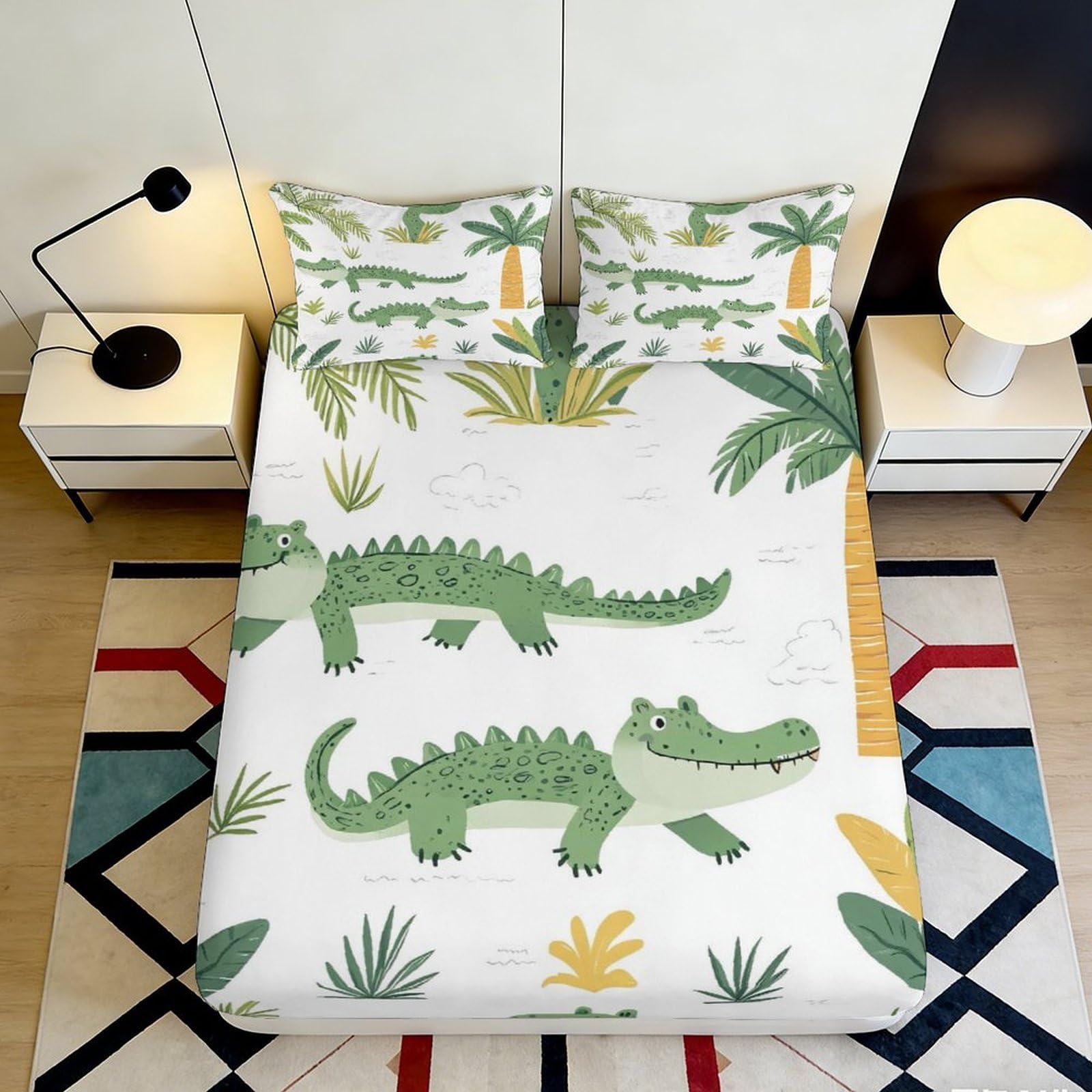 3D Printed Cartoon Crocodile Fitted Sheet Microfiber Soft Durable Tropical Leaf Bed Cover for Bedroom Dormitory Guest Room Mattress Protection 160x200x25cm