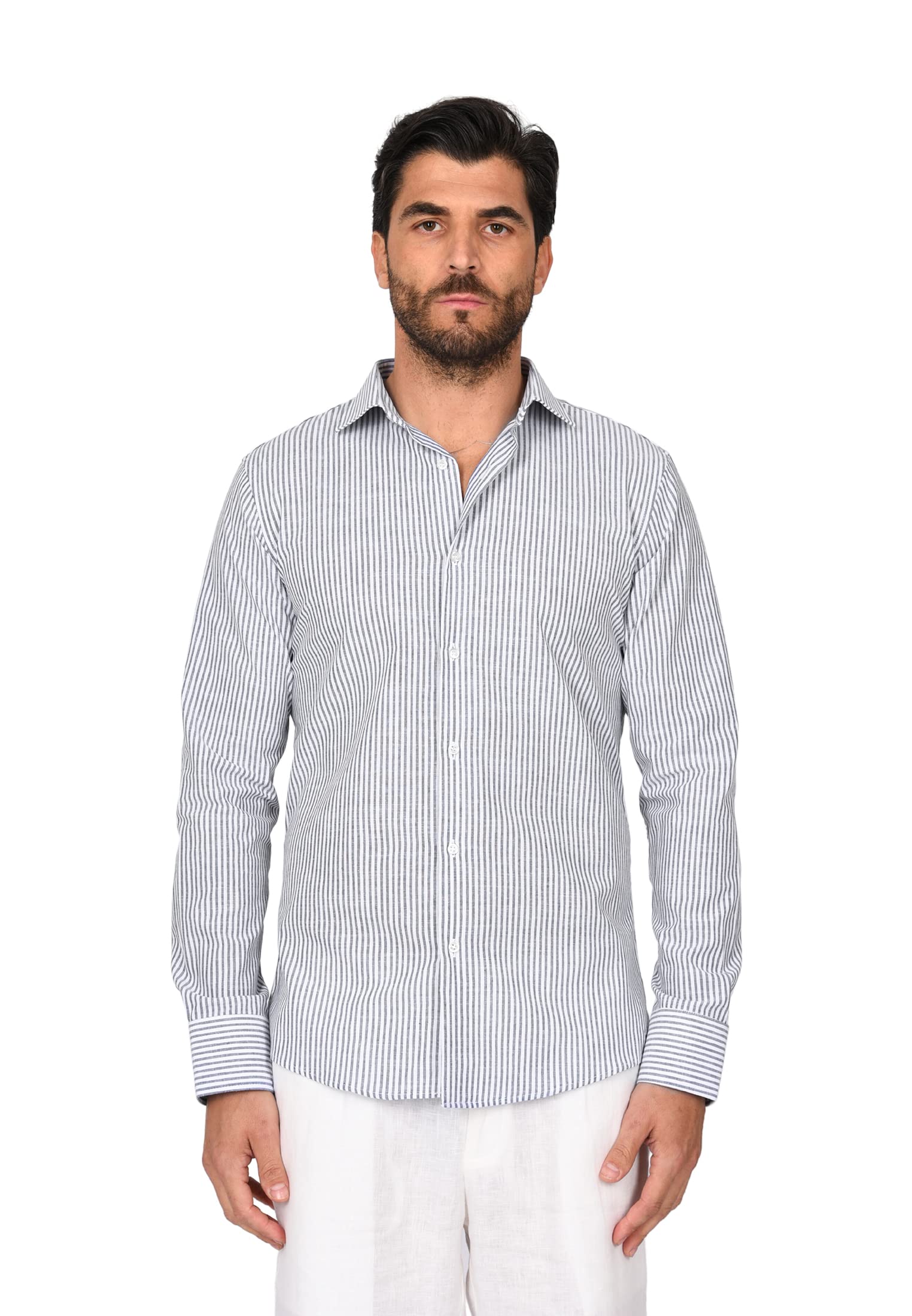 Ciabalù Camisa de lino para hombre, fabricada en Italia, corte entallado, de puro lino y algodón, a rayas, manga larga, cuello francés
