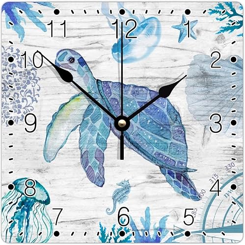 Reloj de pared rústico de tortuga marina con estrellas de mar y estrellas de mar, decoración de playa, para verano, 10 pulgadas, grande, cuadrado,