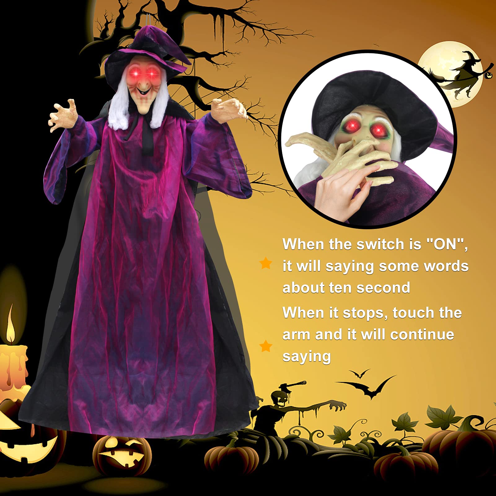 Evoio Halloween Talking Witch Decorations, 78.7'' Hanging Animated