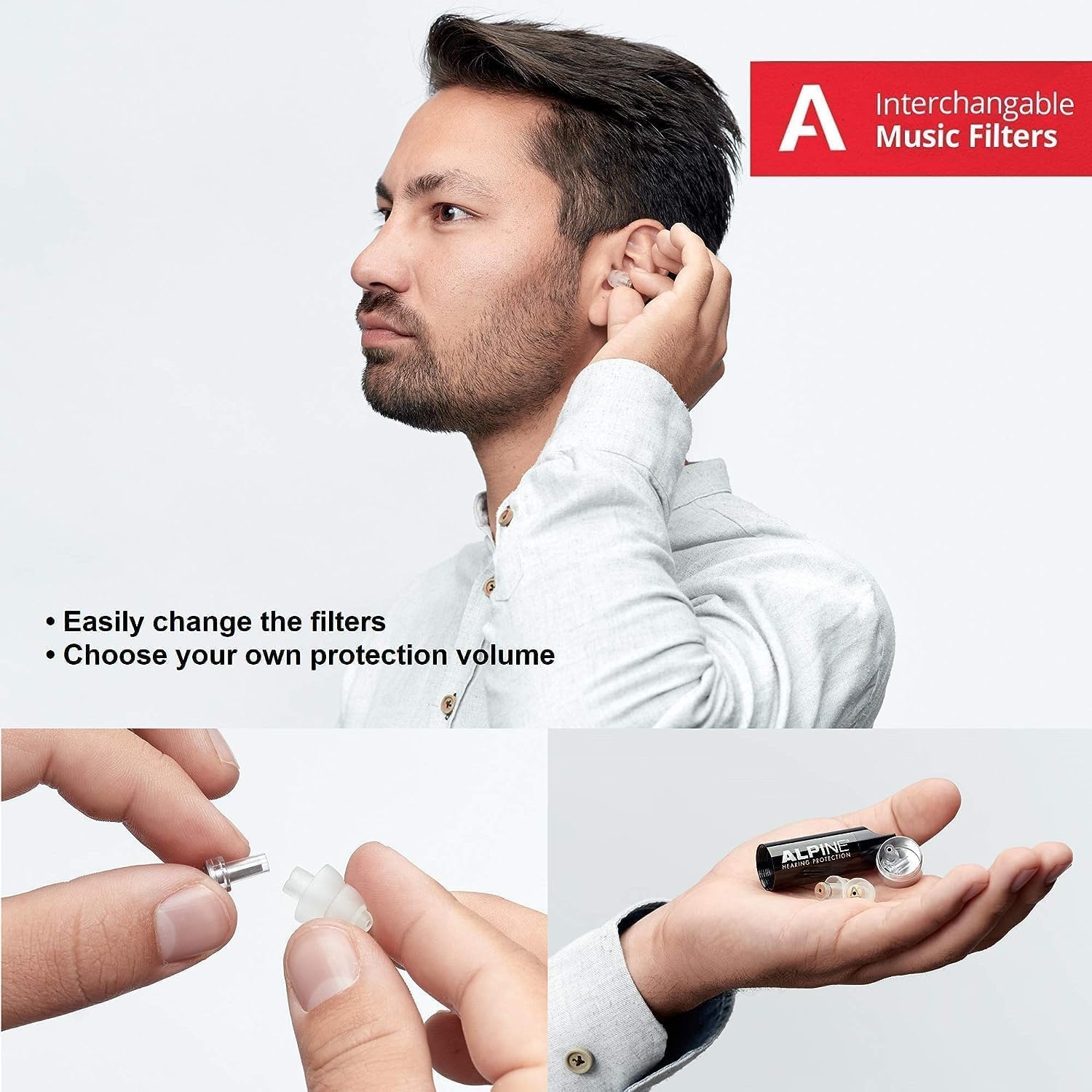 Alpine MusicSafe - High Fidelity Earplugs for Musicians - 2 Interchangeable Filter Sets: 19 & 22 dB - Professional Musician Hearing Protection - Transparent