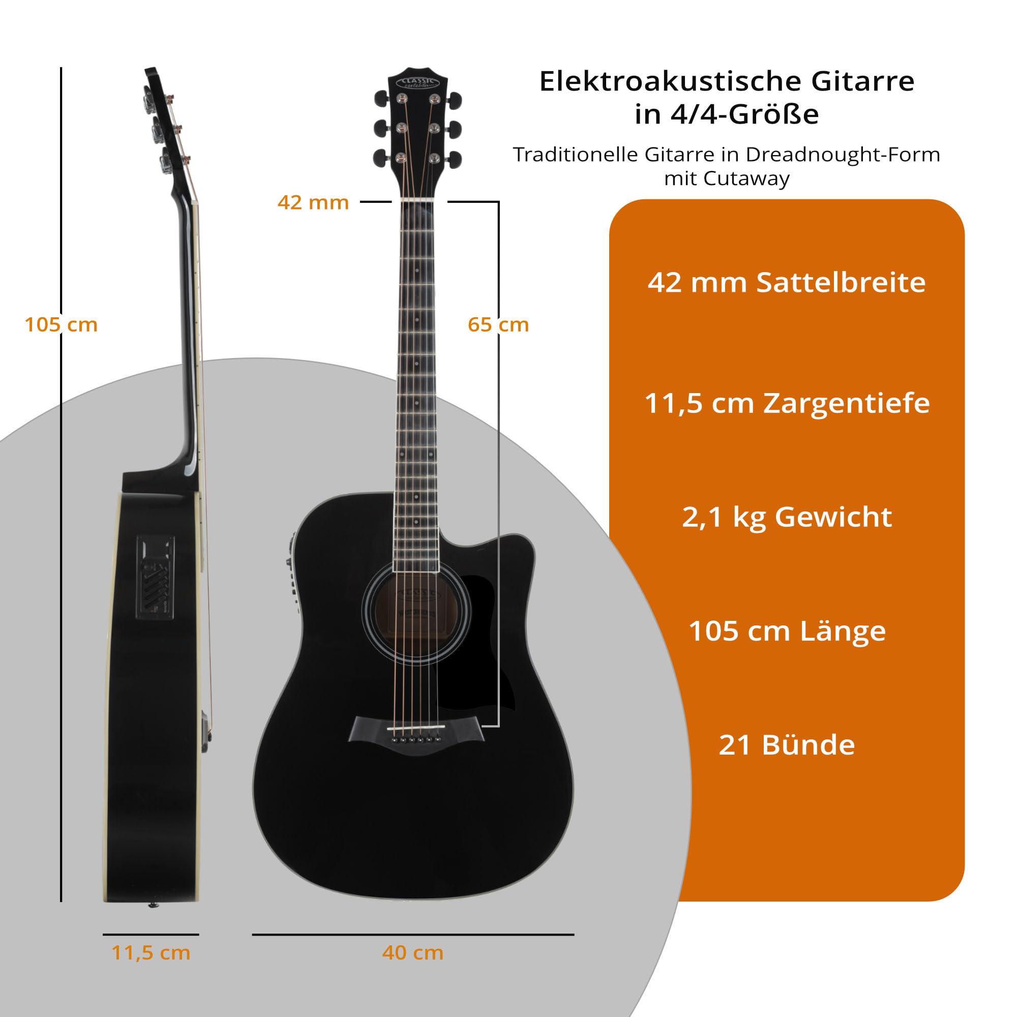 Classic Cantabile WS-20 BKEQ Dreadnought Westerngitarre - Akustikgitarre mit Stahlsaiten - Gitarre mit Tonabnehmer und 3-Band Equalizer - Geschlossene und Gummierte Chrom-Mechaniken - Schwarz