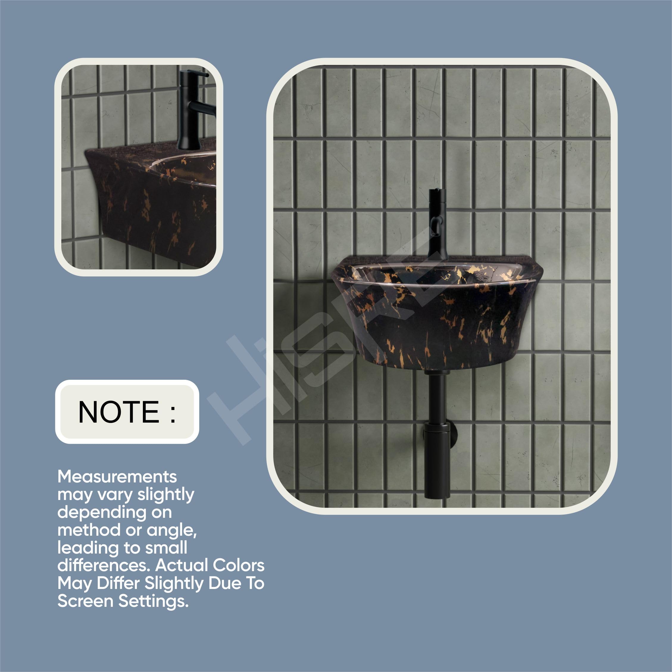 HISRE Wall Mount Wash Basin 13x14x5 Inch | Modern Black and Gold Marble Design Ceramic Sink | Rectangular Bathroom Basin for Home, Office & Hotels, photo 5 of 5