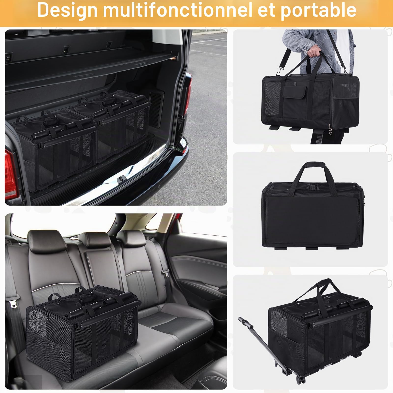 Sac de Transport Portable Double Compartiment pour Animaux à roulettes, Chariot de Voyage avec Poignée et Poches Rangement, Respirant et Confortable, avec Accessoires Bonus - Noir
