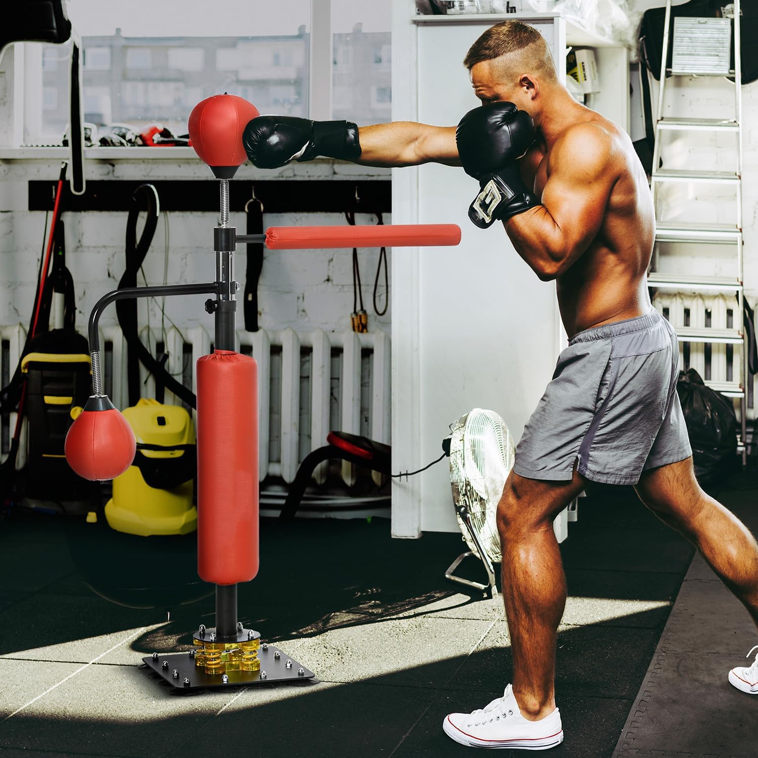 4'7"-6'8" Boxing Bag Stand with Speed Bag and Reaction Bar Challenge, Boxing Training Equipment with Suction Cups and Shock-Absorbing System, Red