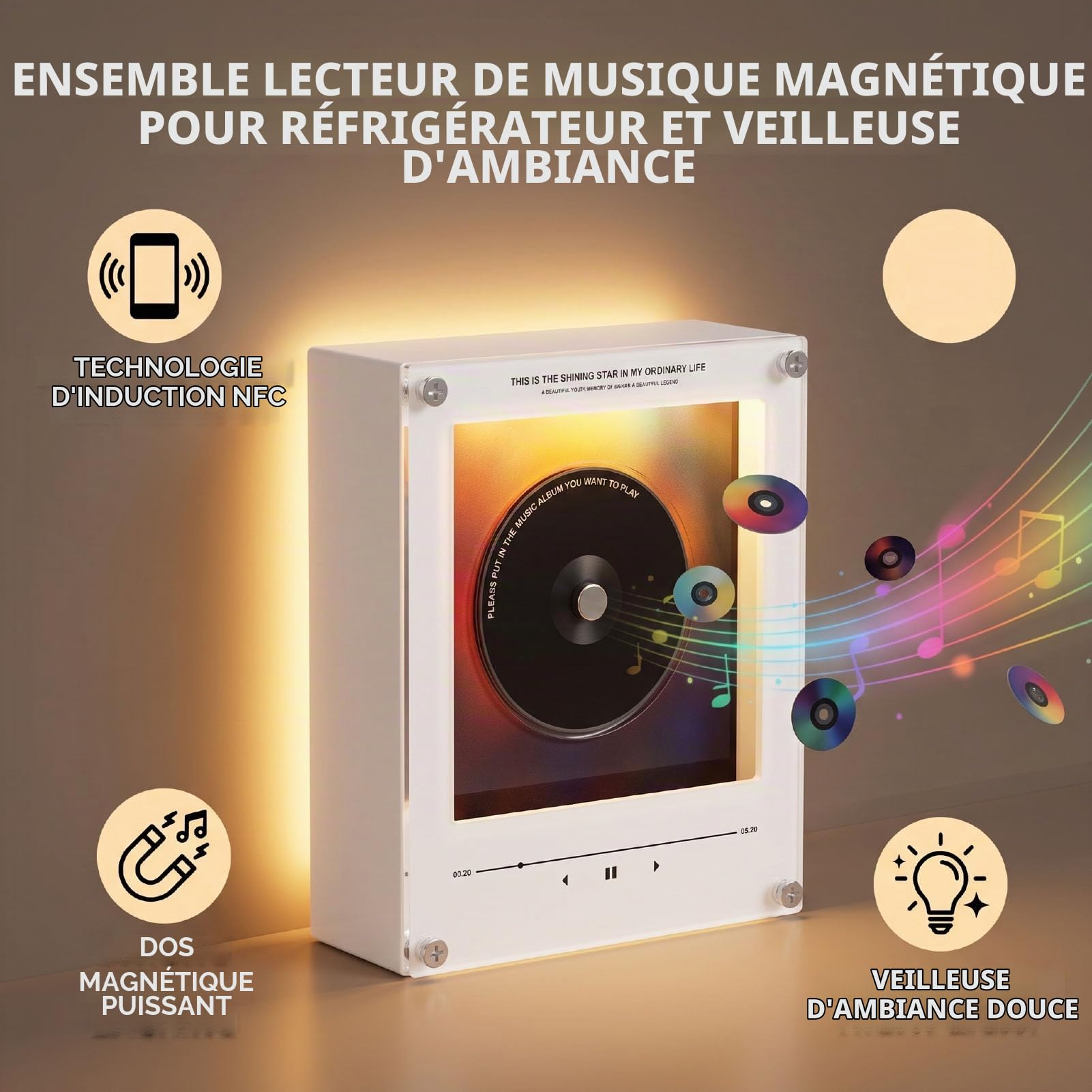 Sxhlseller Lecteur Magnétique de Réfrigérateur de Musique NFC 256 Go avec Disques – Mini Tourne-Disque Magnétique avec Lumière, Liste de Lecture Personnalisable, Aimant de Réfrigérateur pour Bureau,