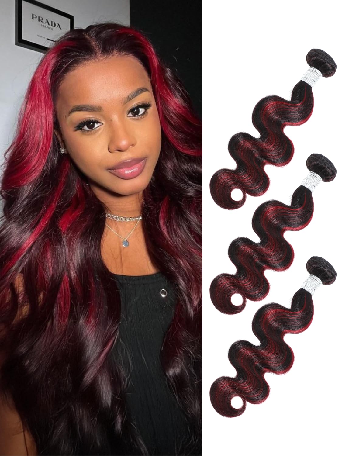 AUROO 99J Burgundy Highlight Body Wave 3 Bundles Human Hair, 12A 100% Virgin Burgundy and Black Colored Human Hair Bundles Thick Track Ombre Red 99J