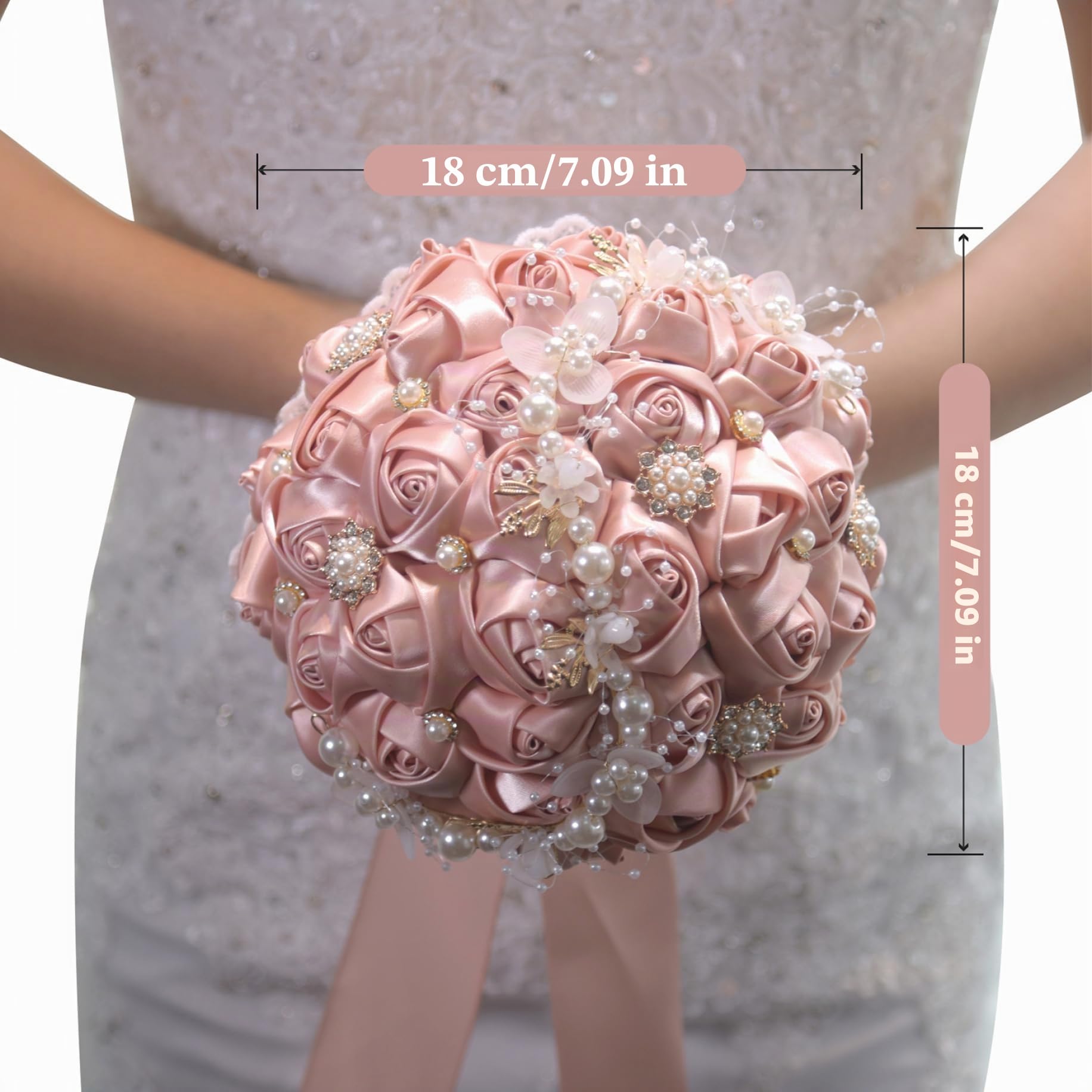 Ramos de Boda para la Novia/Dama de Honor de la Mano Quinceanera/Ramo de Novias con Cuentas de Perlas y Joyas 9x7 Cinta Realista Flores Artificiales con Mango.