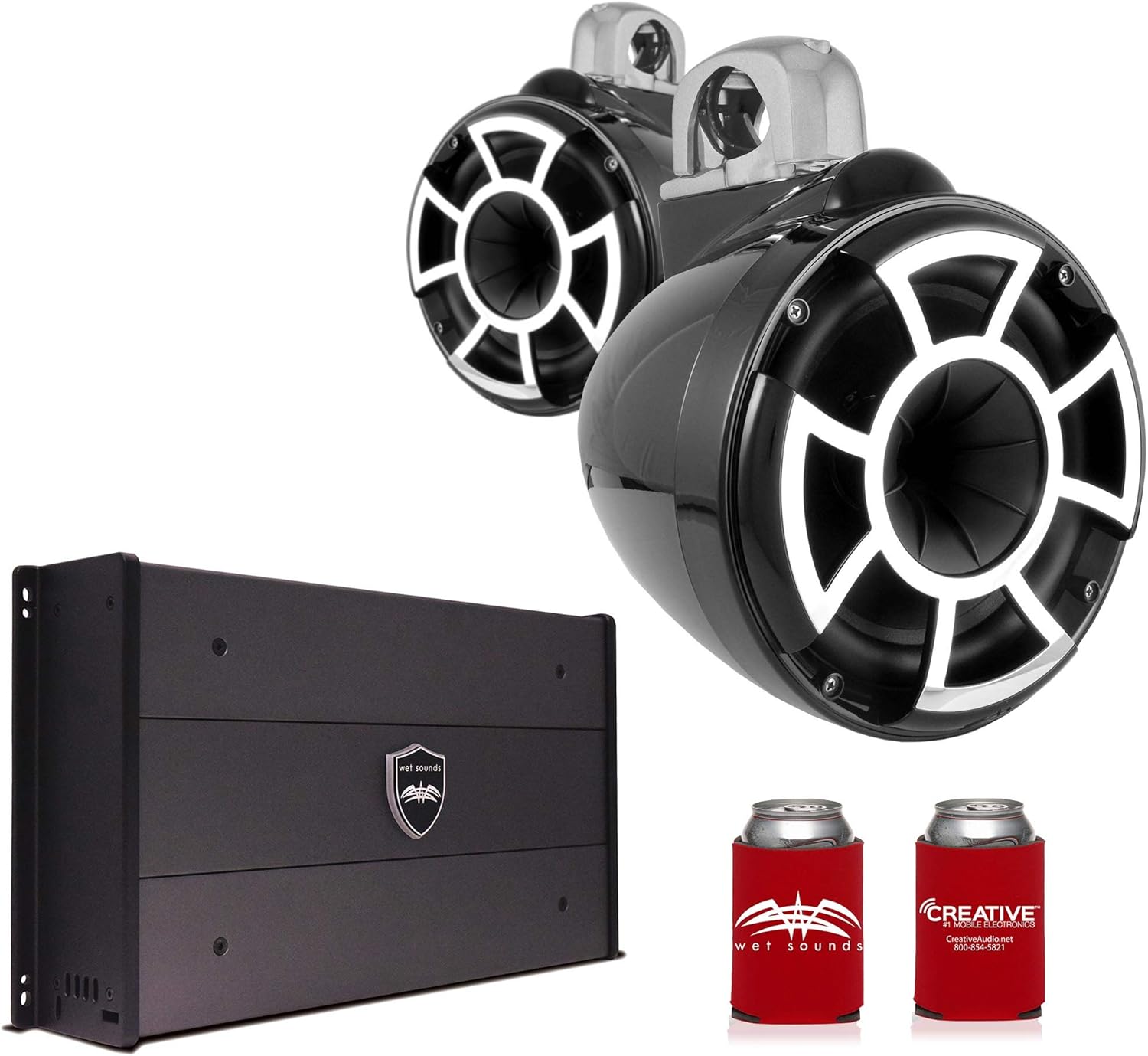 Wet Sounds REV8B-FC-SA 8" Black Tower Speakers with Silver Aluminum Fixed Clamps & SYN-DX2.3 1200 Watt Amplifier