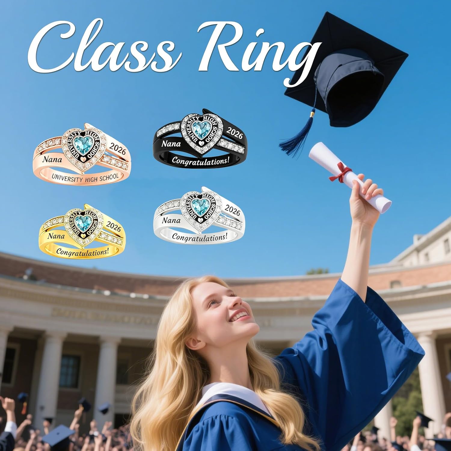 Personalized Class Rings For Women Men Heart cut Birthstone Halo High School Graduation Ring 2027 2026 Solid 10k/14k/18k Gold Custom Birthstone Name University College Ceremonies