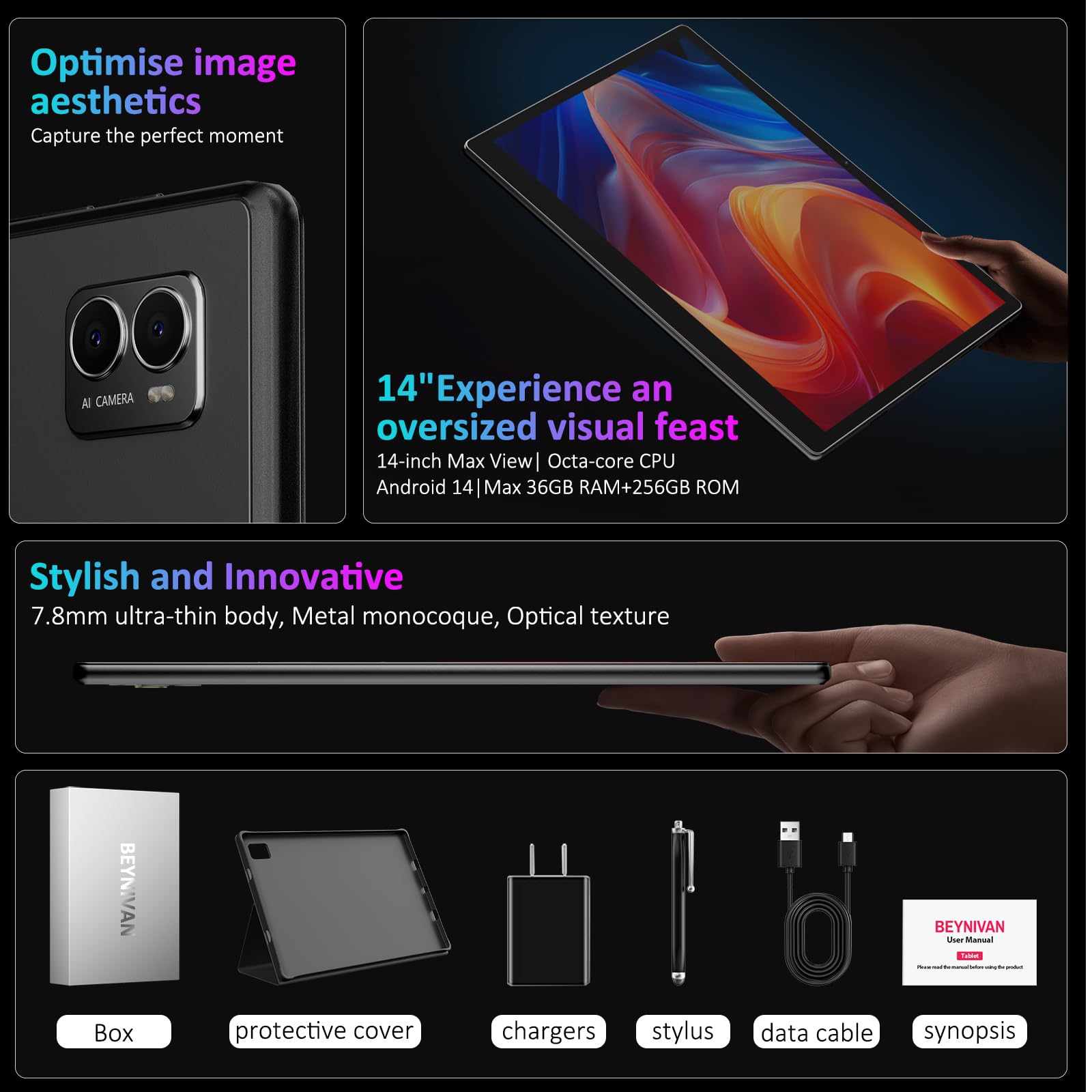 Tablet 14 Pollici Android 15 Tablet in Offerta,Octa Core,20W/11580mAh,36GB RAM+256GB ROM,2000 * 1200 incell FHD+,Foto AI 16MP+8MP, TÜV, GPS, Gemini AI,Face ID/GPS/BT 5.0/TÜV/USB-C,Nero