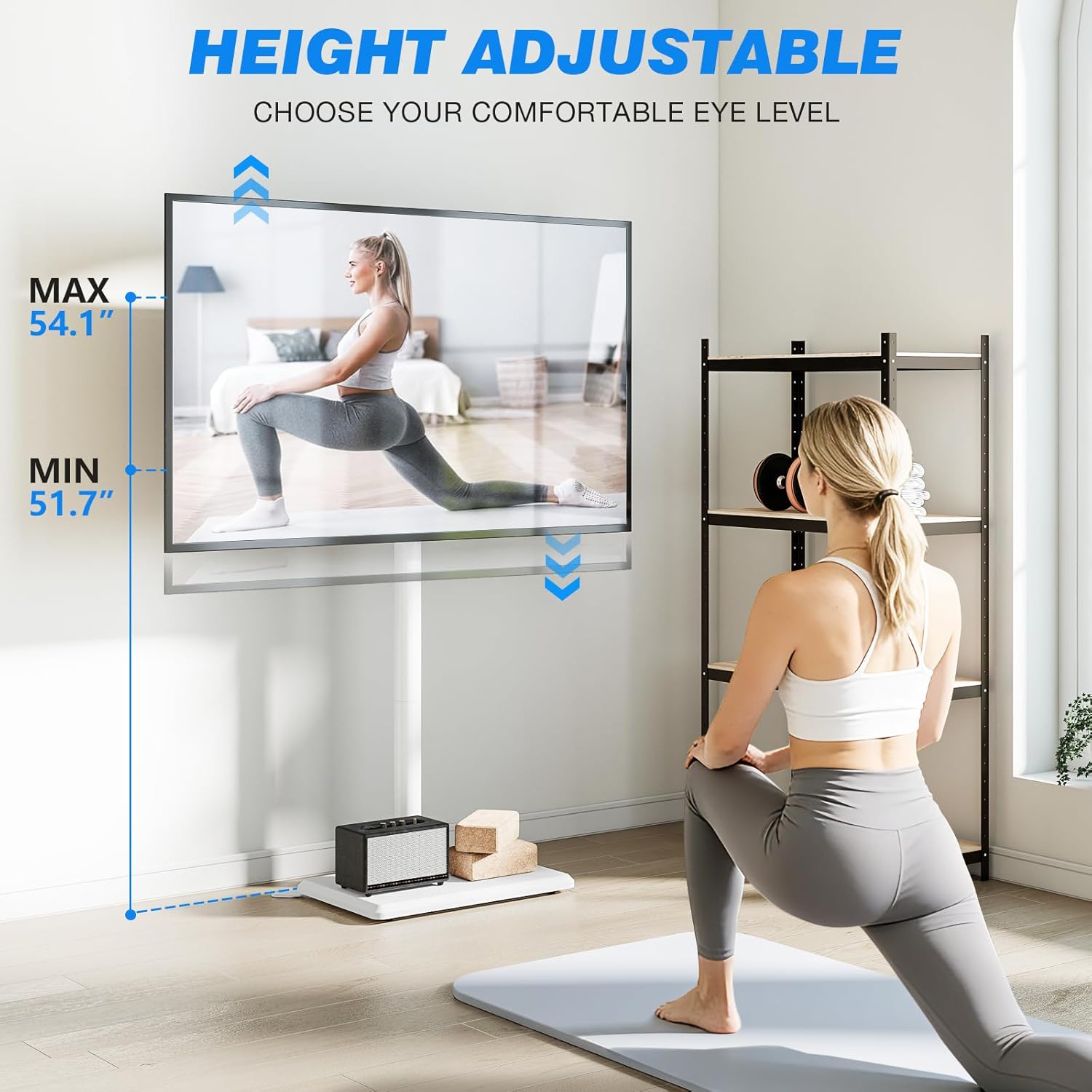 Rfiver Floor TV Stand with Mount for 32-60 inch TVs up to 88 lbs, Swivel Height AdjustableTV Floor Stand, Tall TV Stand with Wood Base, Saving Space Design for Living Room, Bedroom and Corner