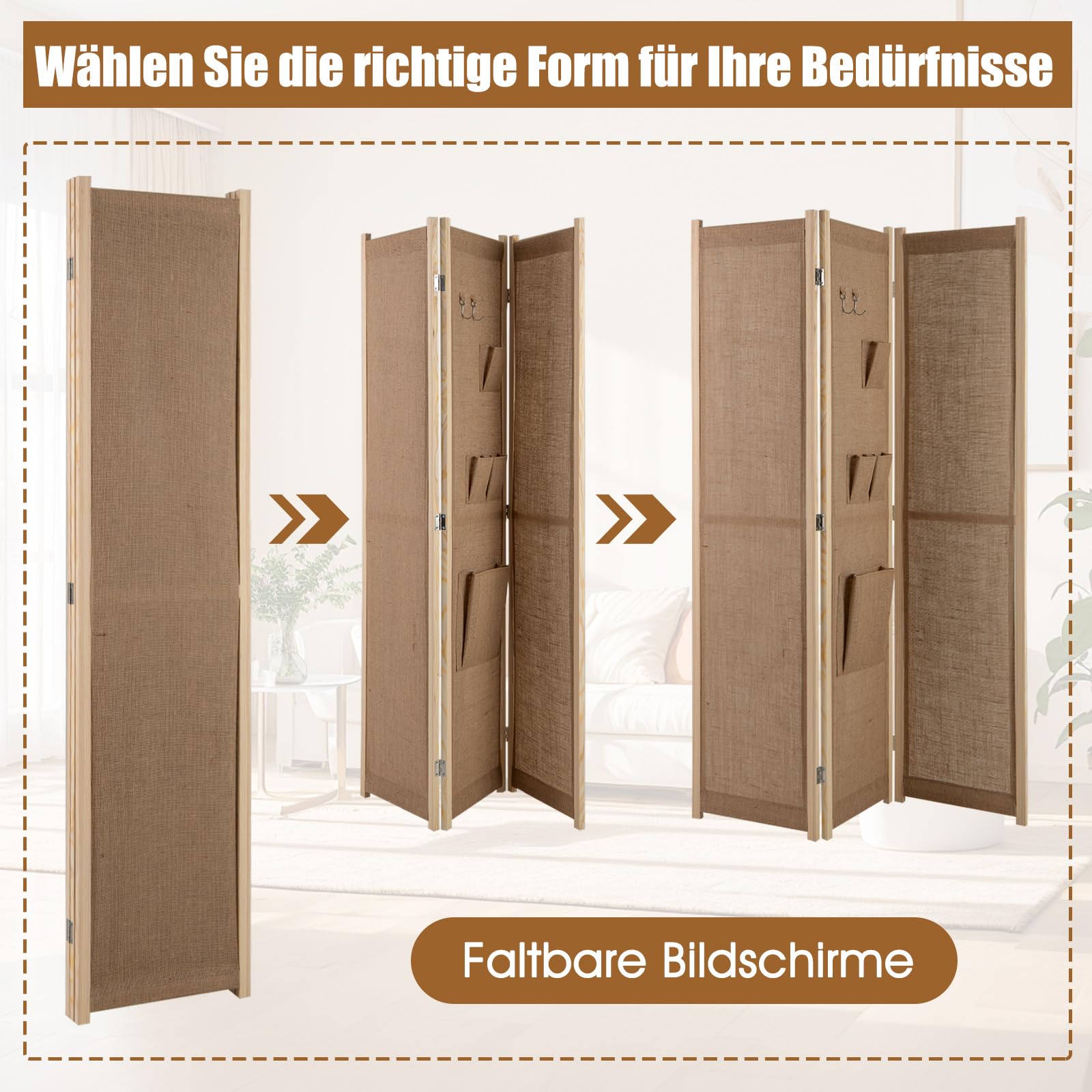 COSTWAY Paravent 170 x 121cm, Raumteiler mit 2 Haken, 1 große & 3 kleine Aufbewahrungstaschen, 3 teilige Trennwand klappbar, Leinen Optik, Holzrahmen, Sichtschutz für innen