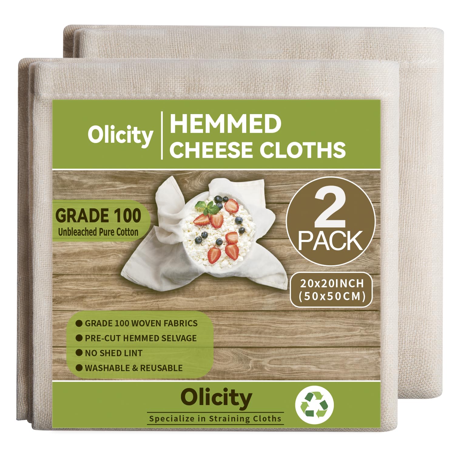 Olicity Cheese Cloths, 2Pack, 20x20Inch Hemmed Precut Cheese Cloth Reusable